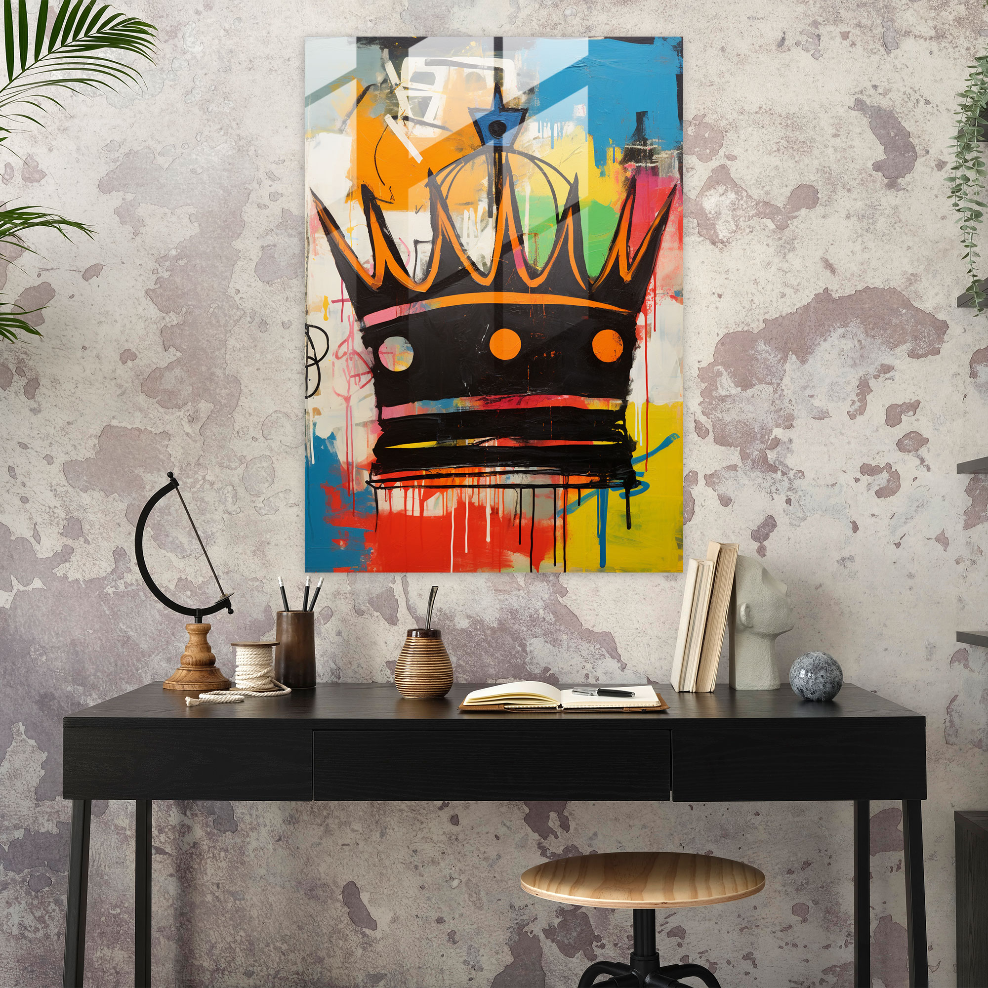 Basquiat Cam Tablo Sanatı - Canlı Graffiti İlhamlı Taç - Basquiat Cam Tablo Cam Sanat Graffiti İlhamlı Eser