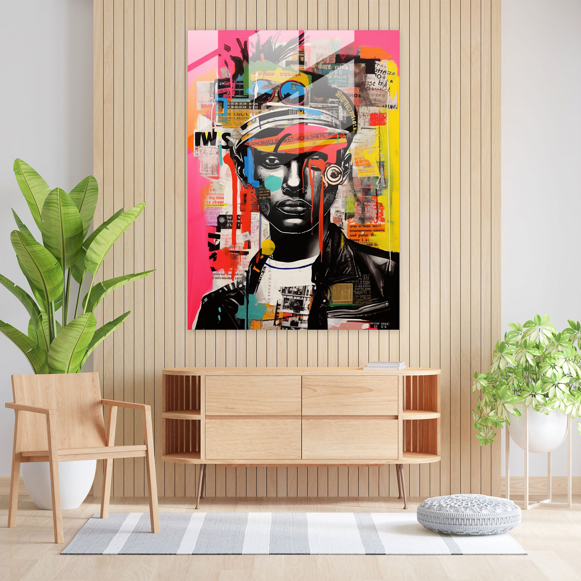 Basquiat Cam Tablo - Cesur ve Renkli Kolaj - Basquiat Modern Sanat Ev Dekorasyonu Duvar Dekorasyonu