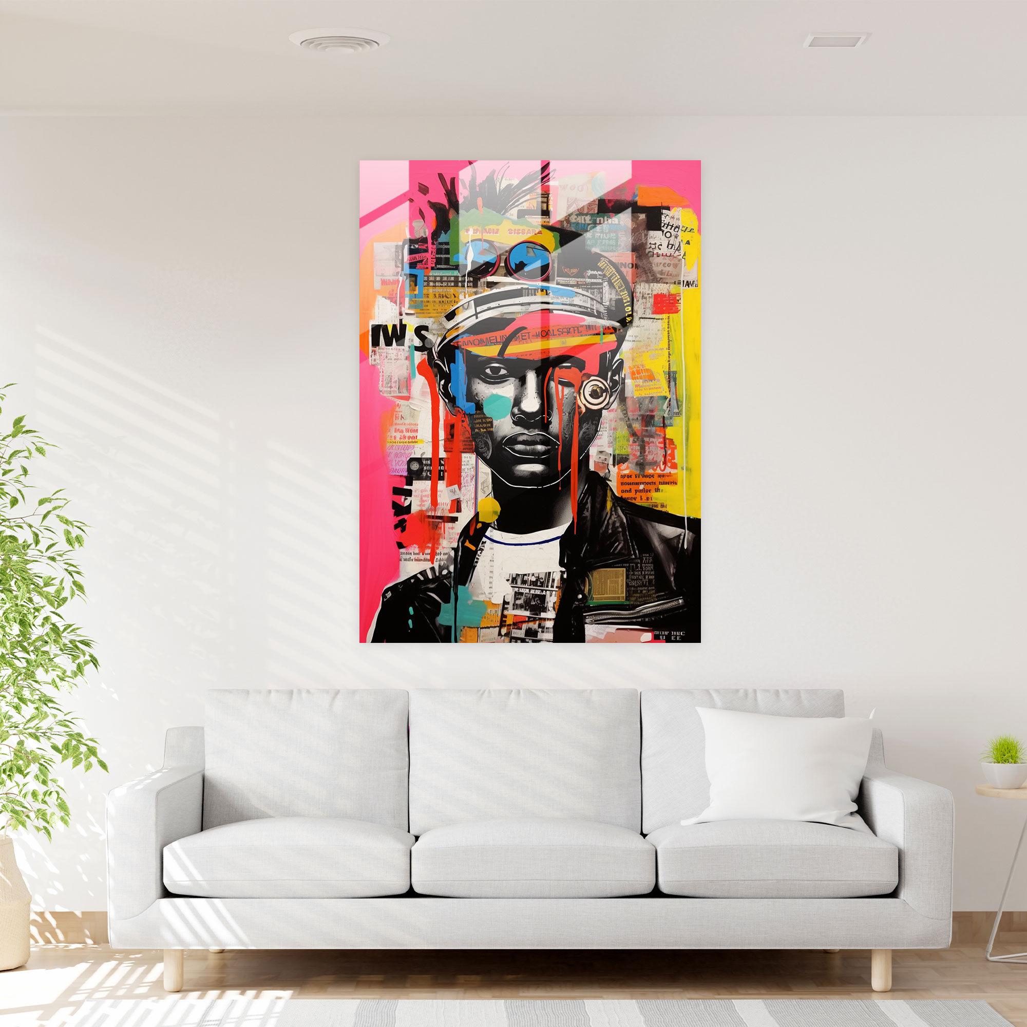 Basquiat Cam Tablo - Cesur ve Renkli Kolaj - Basquiat Modern Sanat Ev Dekorasyonu Duvar Dekorasyonu