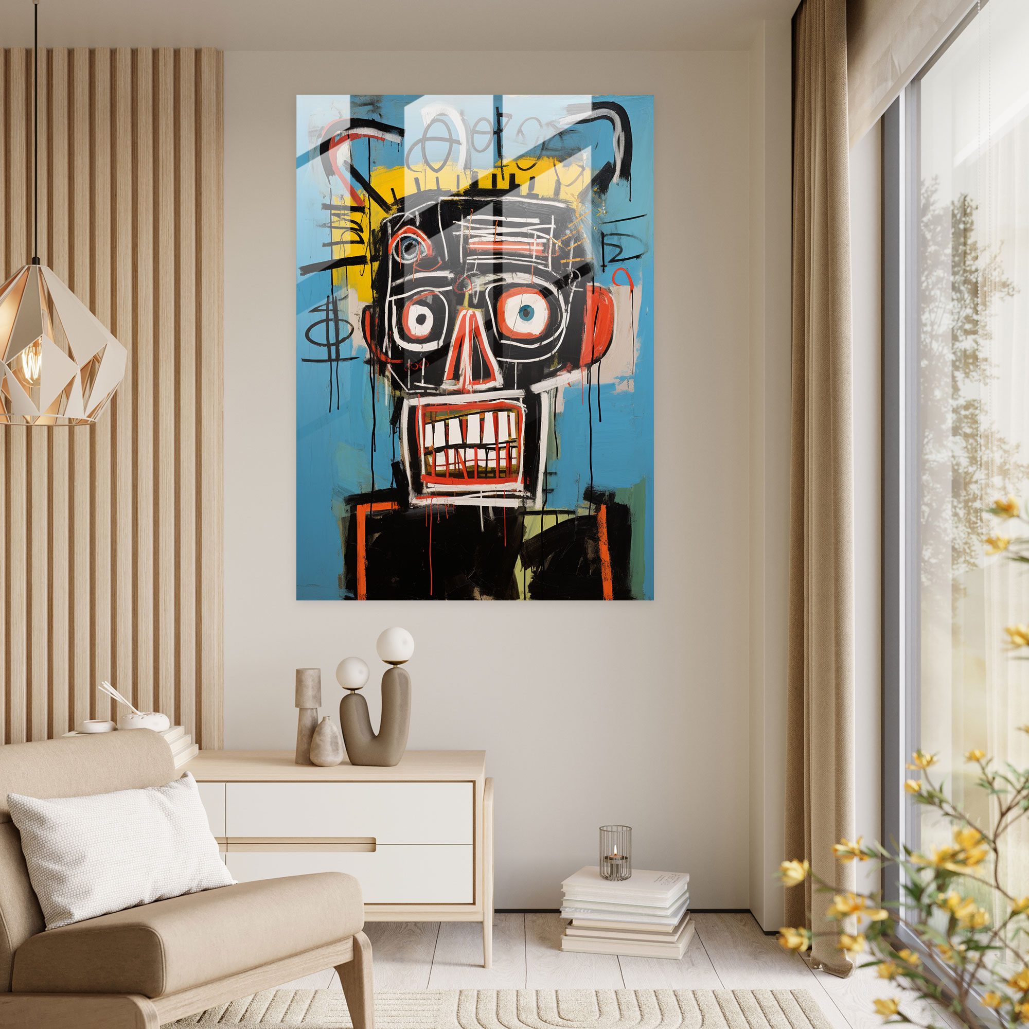 Basquiat Cam Tablo - Ham Duygusal Neo-Ekspresyonizm - Modern Sanat Cam Sanatı