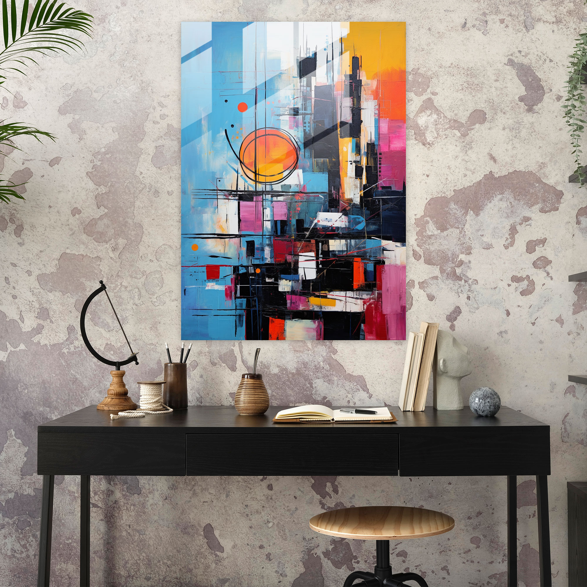 Basquiat Cam Tablo - Dinamik Soyut Şehir Manzarası - Modern Sanat Basquiat İlhamlı Soyut Şehir Manzarası