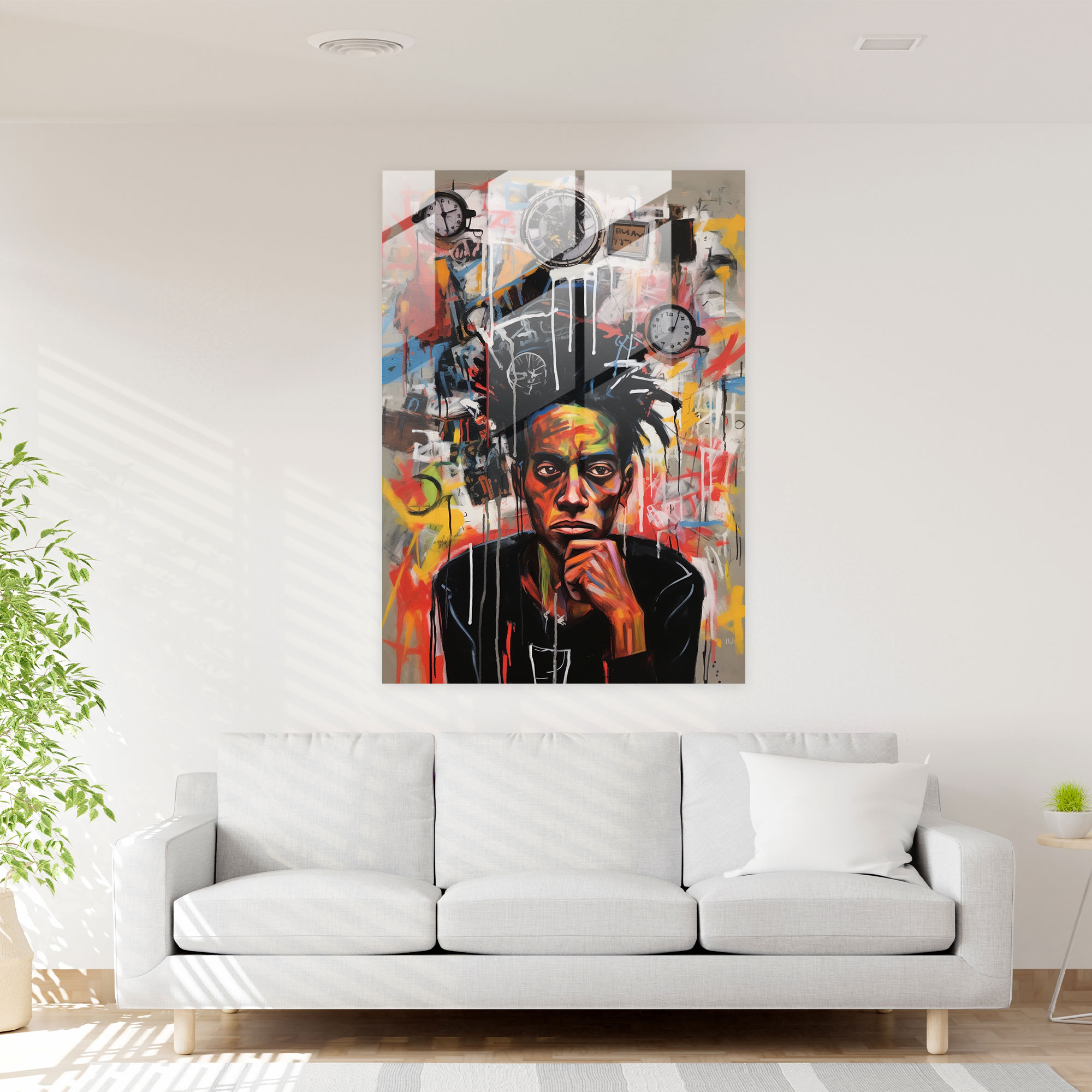 Basquiat Cam Tablo - Derin Kendi Portresi - Basquiat Cam Sanatı Ev Dekorasyonu Düşünceli Kendi Portresi
