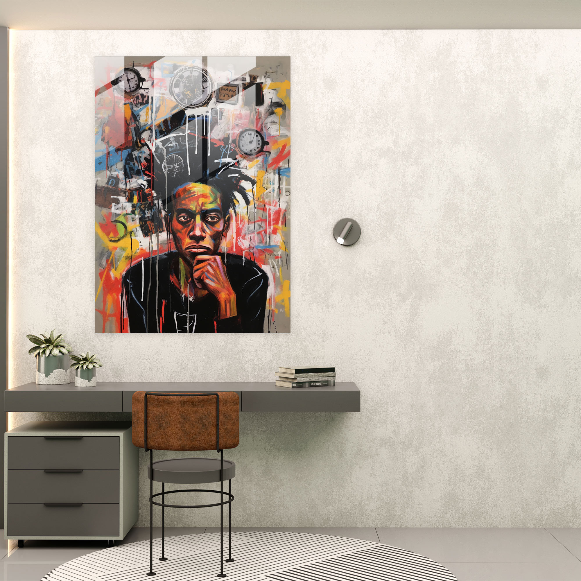 Basquiat Cam Tablo - Derin Kendi Portresi - Basquiat Cam Sanatı Ev Dekorasyonu Düşünceli Kendi Portresi