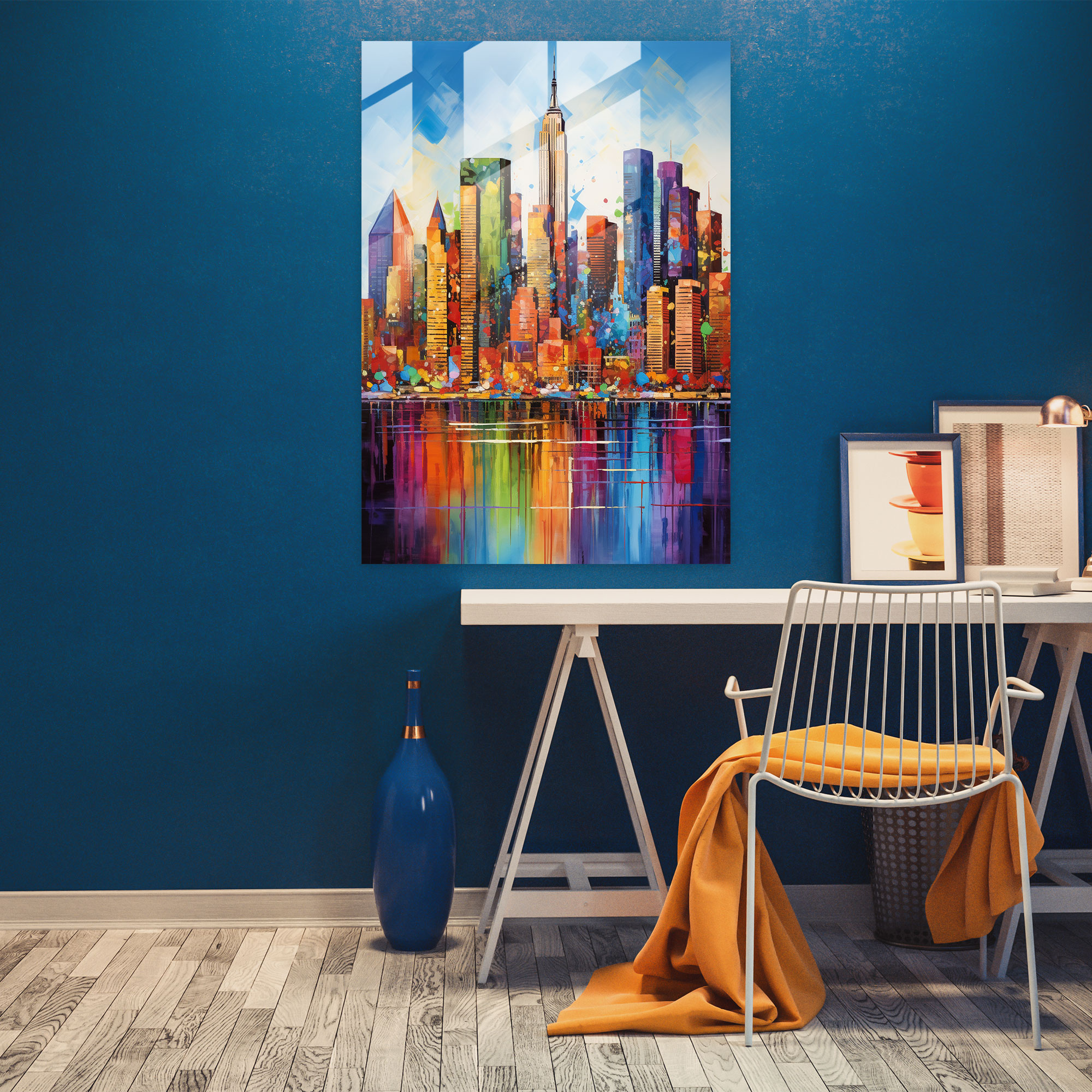 Basquiat Glass Print - Urban Skyline - Basquiat, Glass Print, New York City Skyline, Vibrant Colors