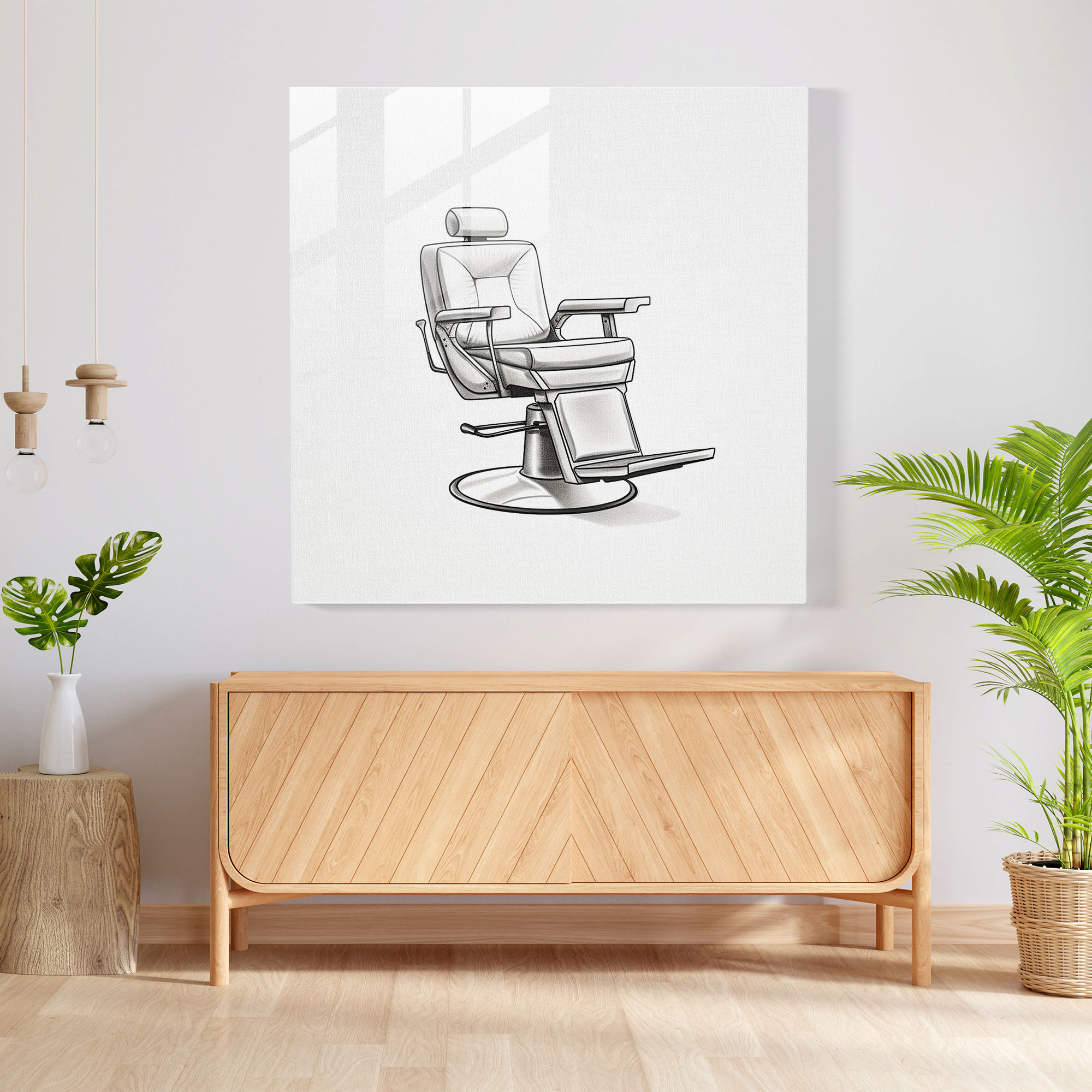 Sleek Barber Chair Glass Print - Barber, Modern Art, Barber, Line Drawing