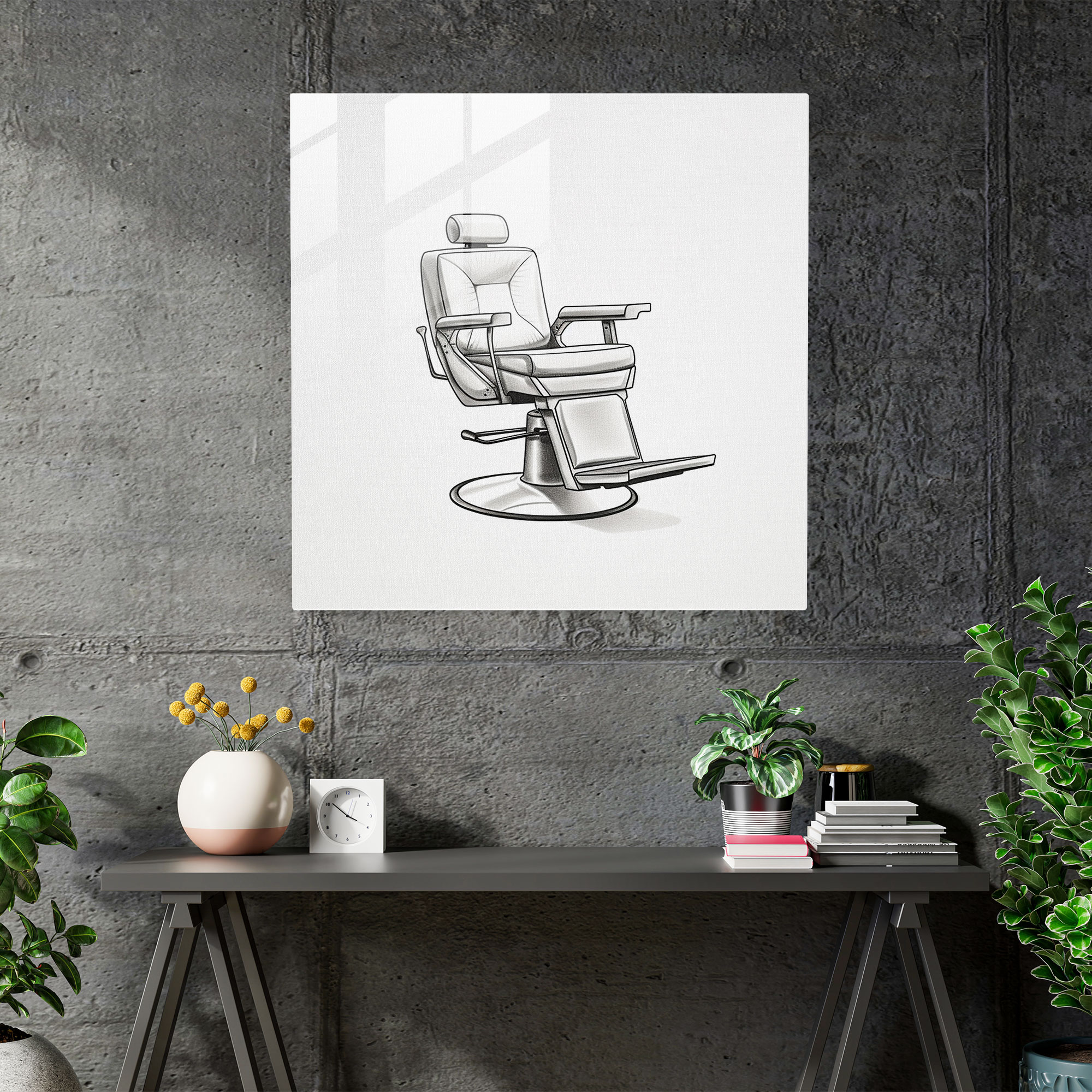 Sleek Barber Chair Glass Print - Barber, Modern Art, Barber, Line Drawing