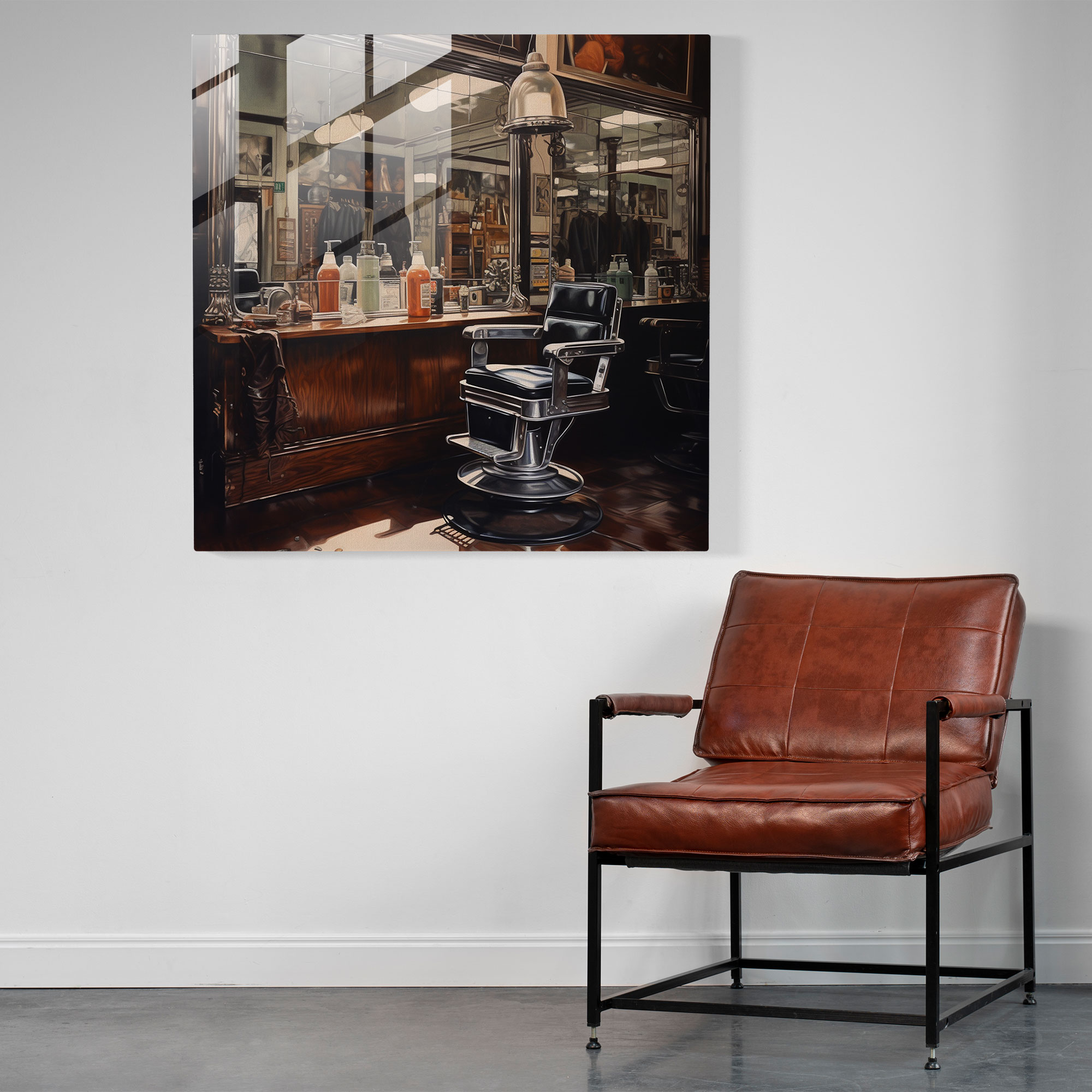 Barber's Reflection - Glass Print - Barber, Glass Wall Art, Realistic Oil Painting, Vintage Barber's Mirror