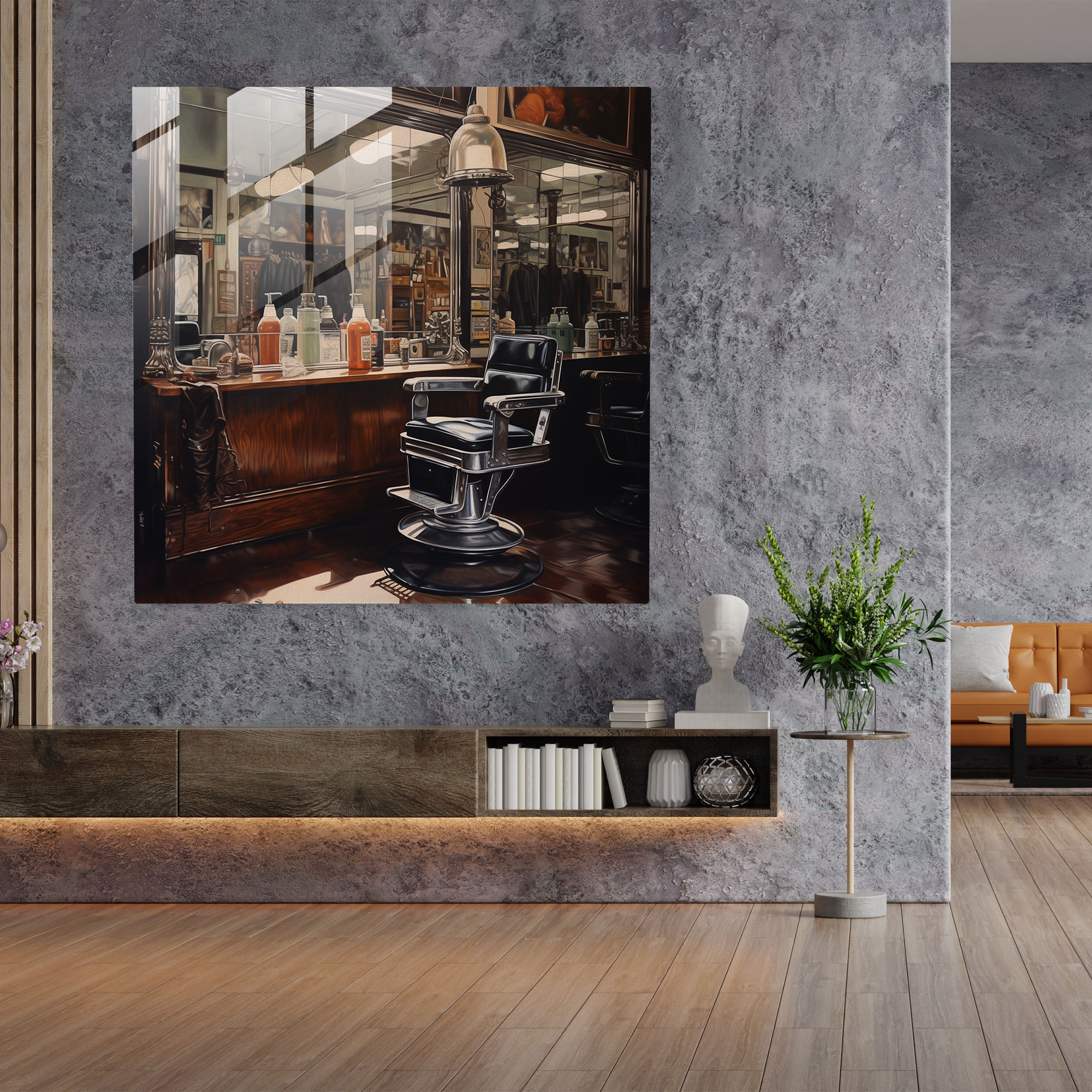 Barber's Reflection - Glass Print - Barber, Glass Wall Art, Realistic Oil Painting, Vintage Barber's Mirror