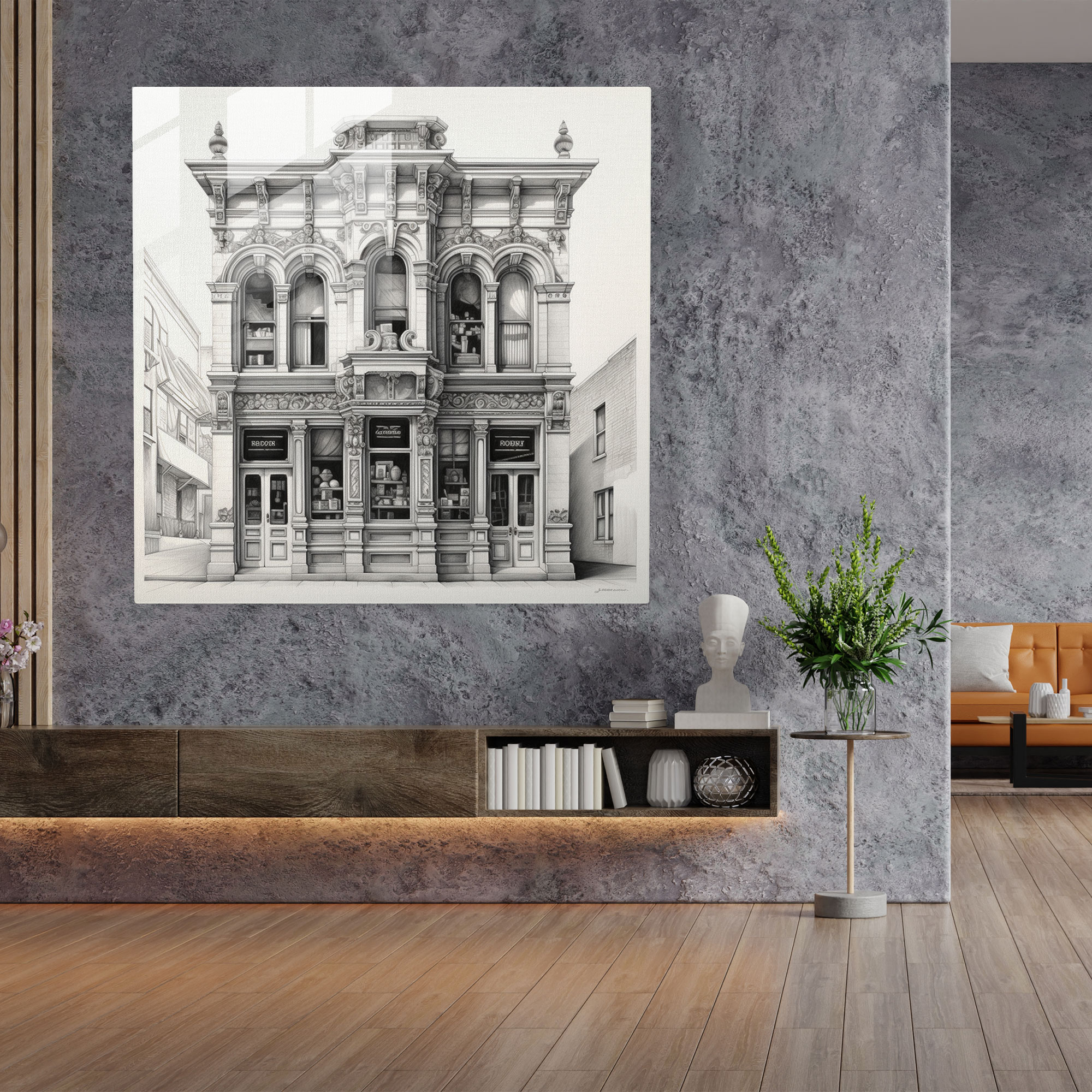Barber's Heritage - Glass Print - Barber, Traditional Barber Shops, Nostalgia, Monochromatic Architectural Drawing