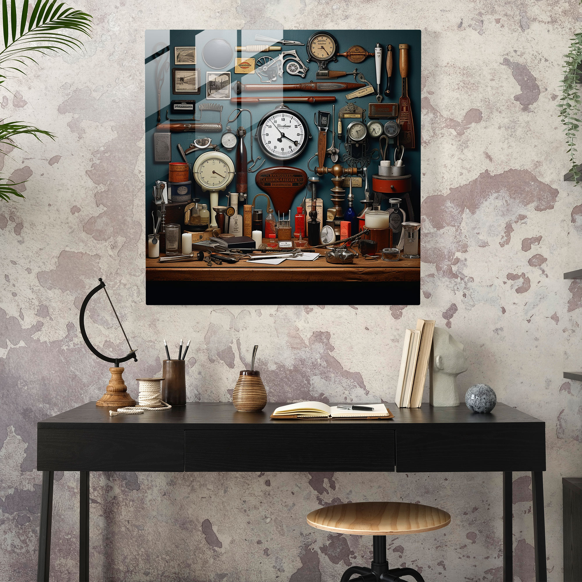 Barber Glass Print - Vintage Barber Accessories Collage - Barber, Barber, Modern Art, Glass Art