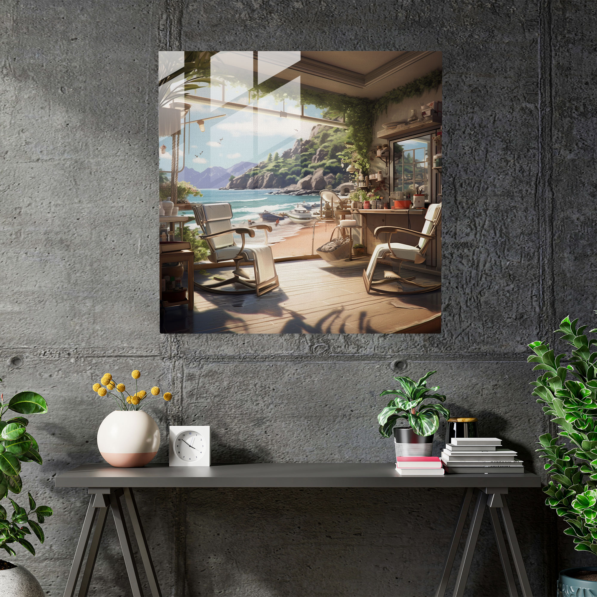 Barber Glass Print - Serene Seaside Barbershop - Barber, Glass Art, Barbershop, Glass Wall Art