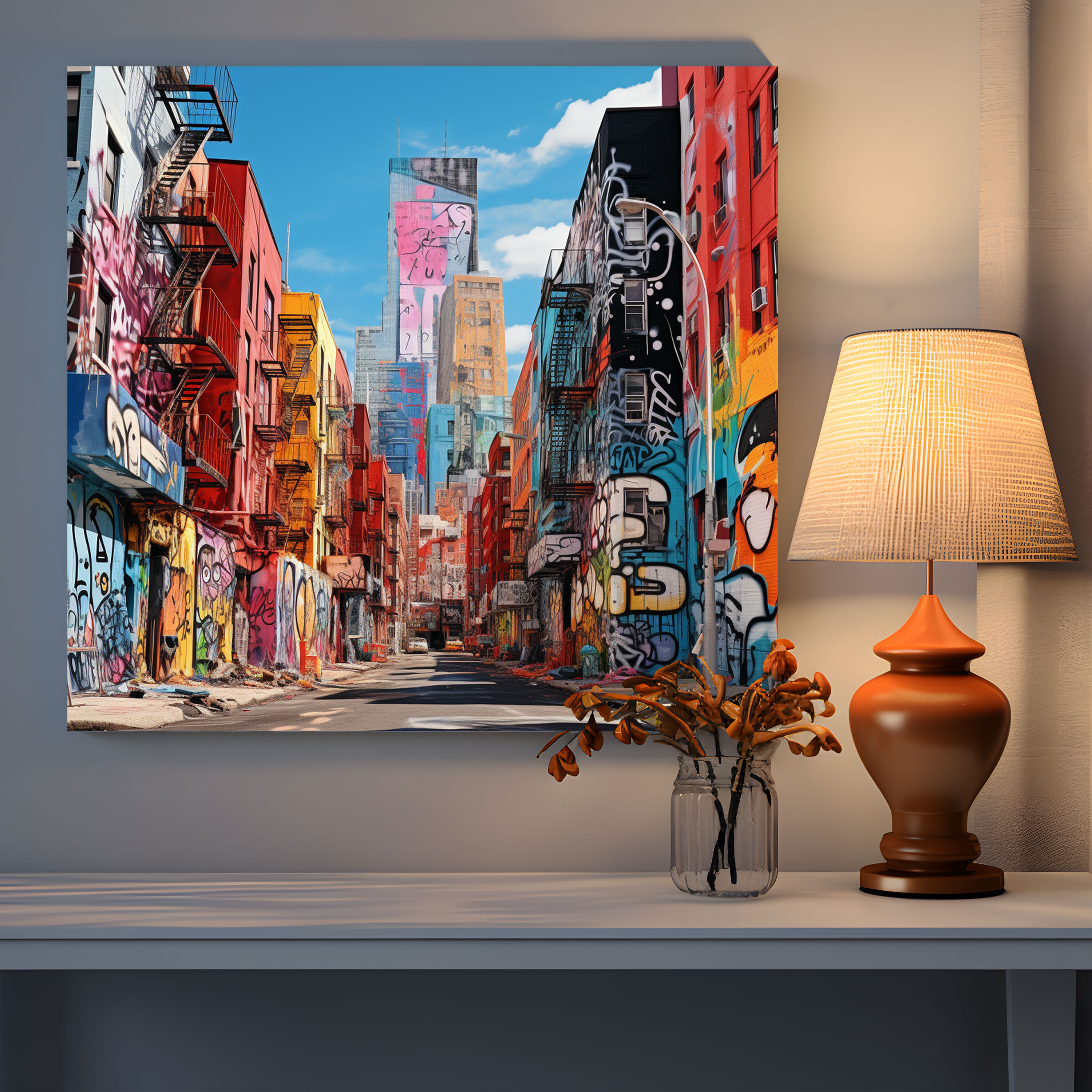 Basquiat Wall Art - Graffiti-Inspired Street Scene - Basquiat, Signature Color Palette, Canvas Print, Edgy