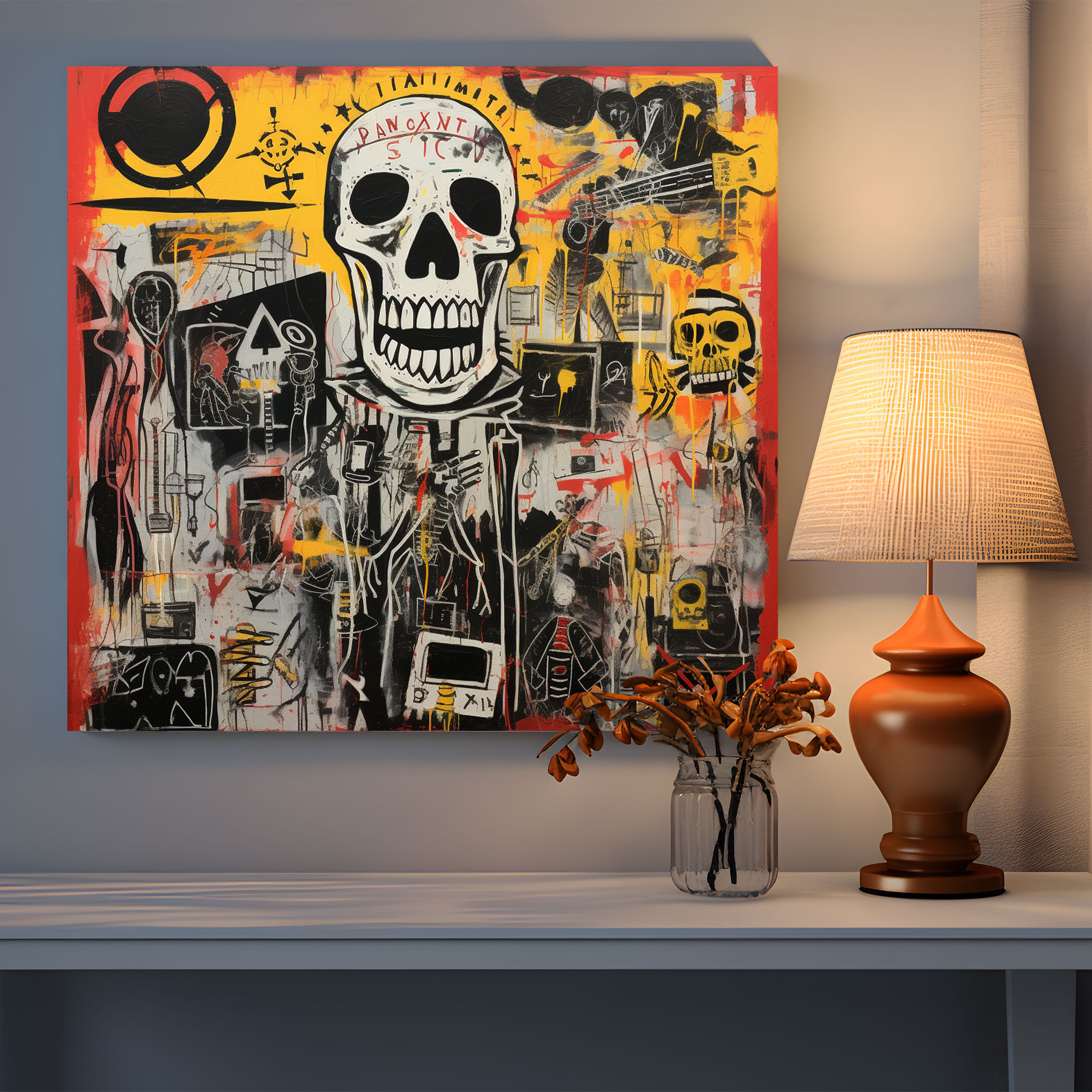 Basquiat Canvas Print - Collage Of Signature Motifs: Skulls And Jazz Musicians - Basquiat, Wall Art, Skulls, Bold Statement