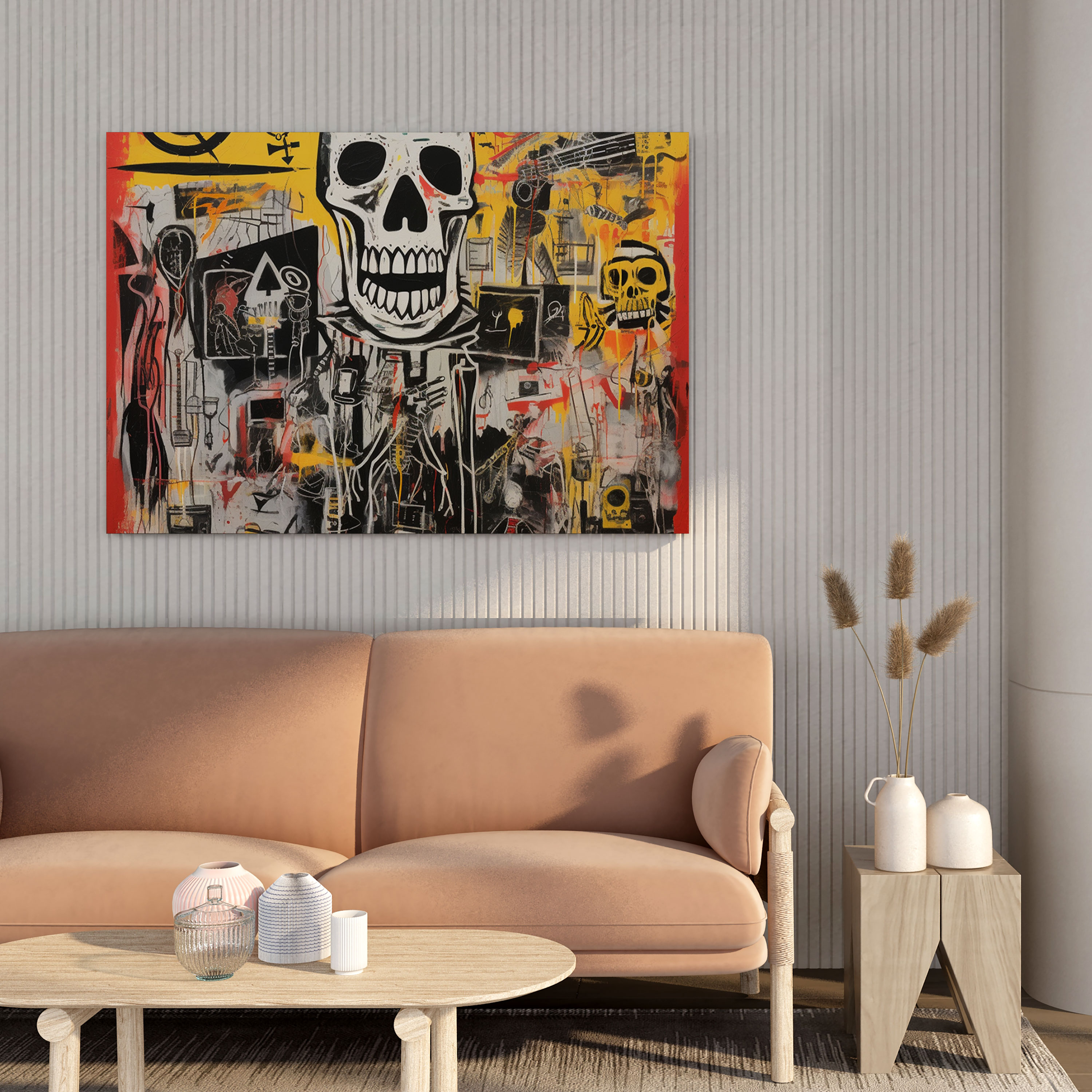 Basquiat Canvas Print - Collage Of Signature Motifs: Skulls And Jazz Musicians - Basquiat, Wall Art, Skulls, Bold Statement