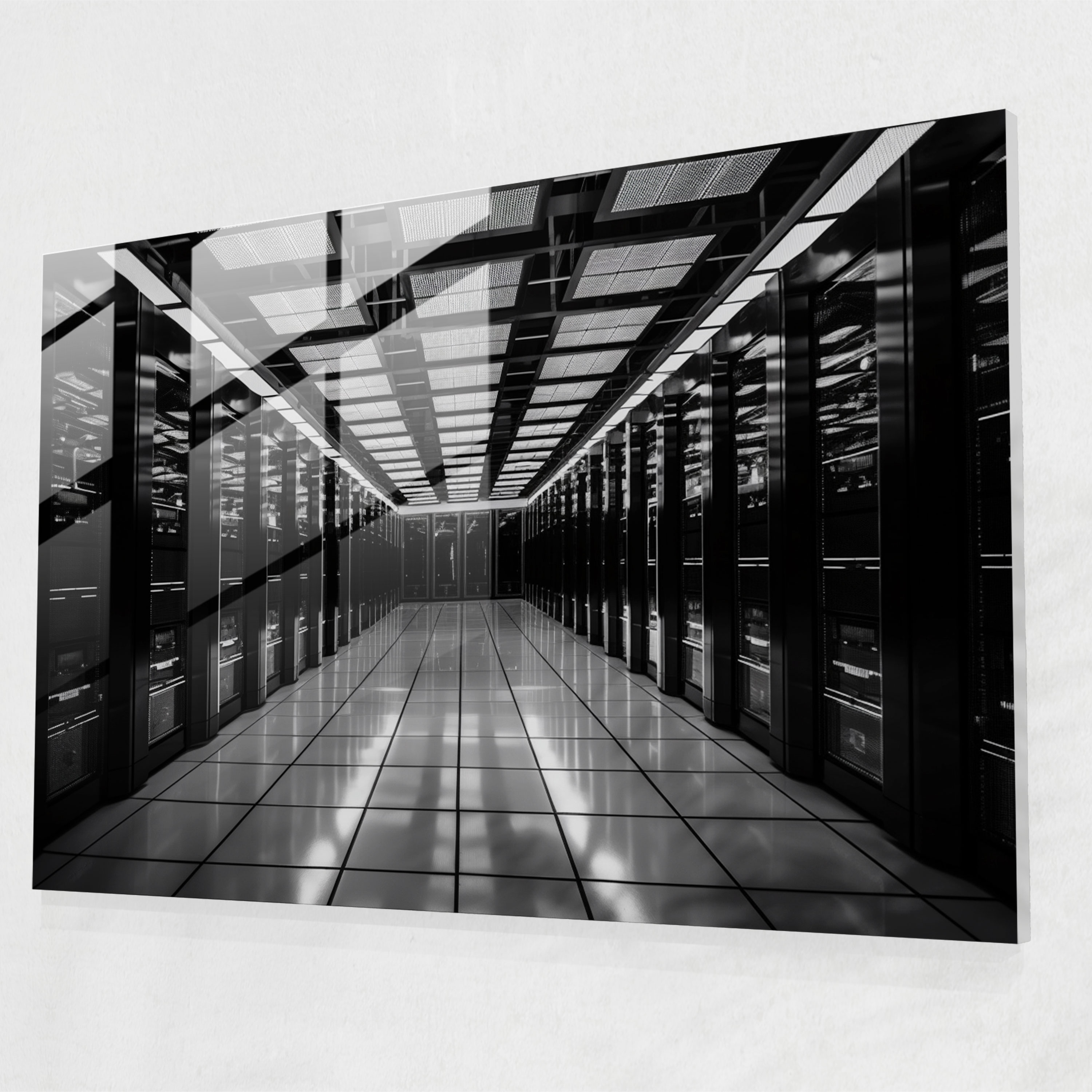 Blockchain Glass Wall Art - Blockchain, Glass Art, Computer Server Room, Black And White Photograph