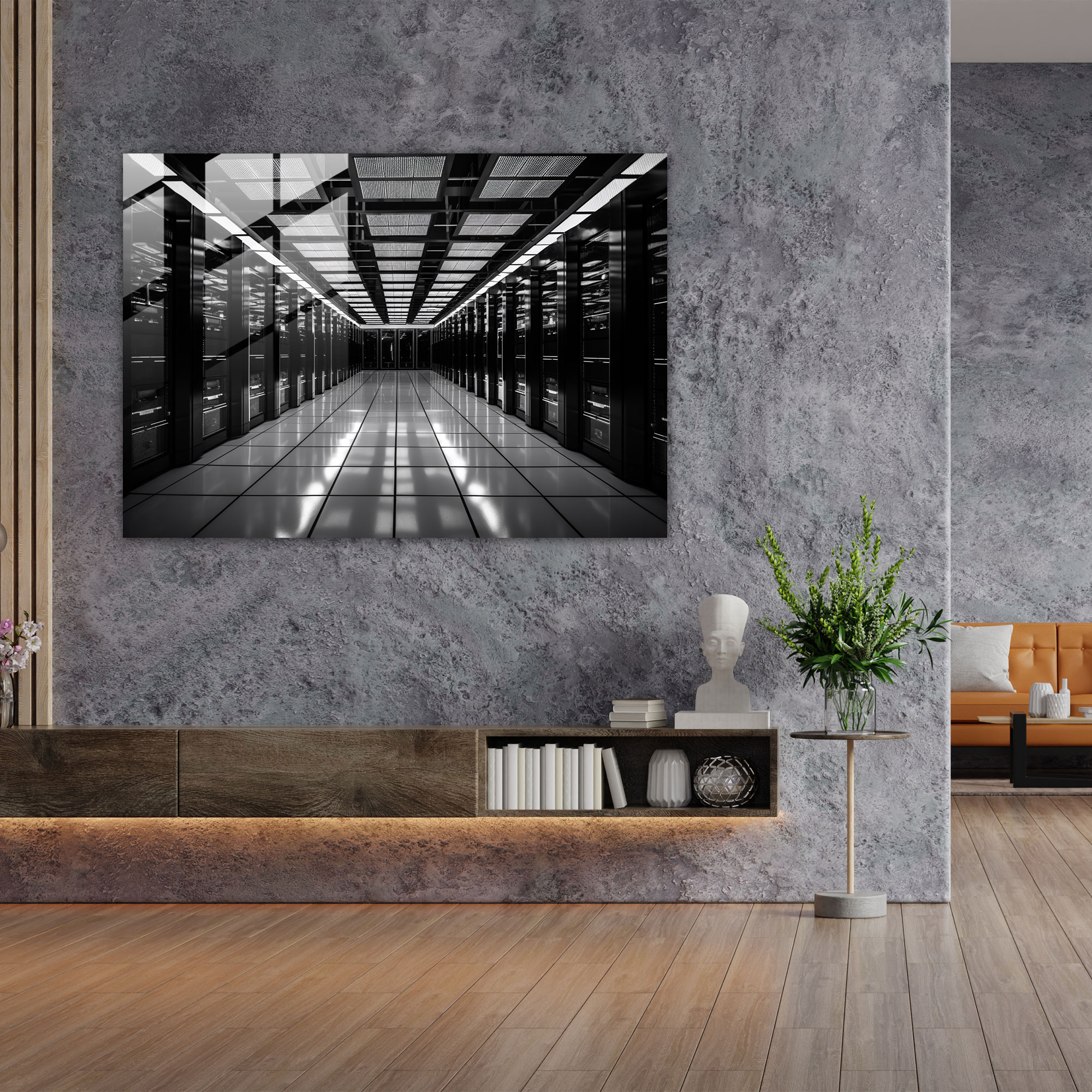 Blockchain Glass Wall Art - Blockchain, Glass Art, Computer Server Room, Black And White Photograph