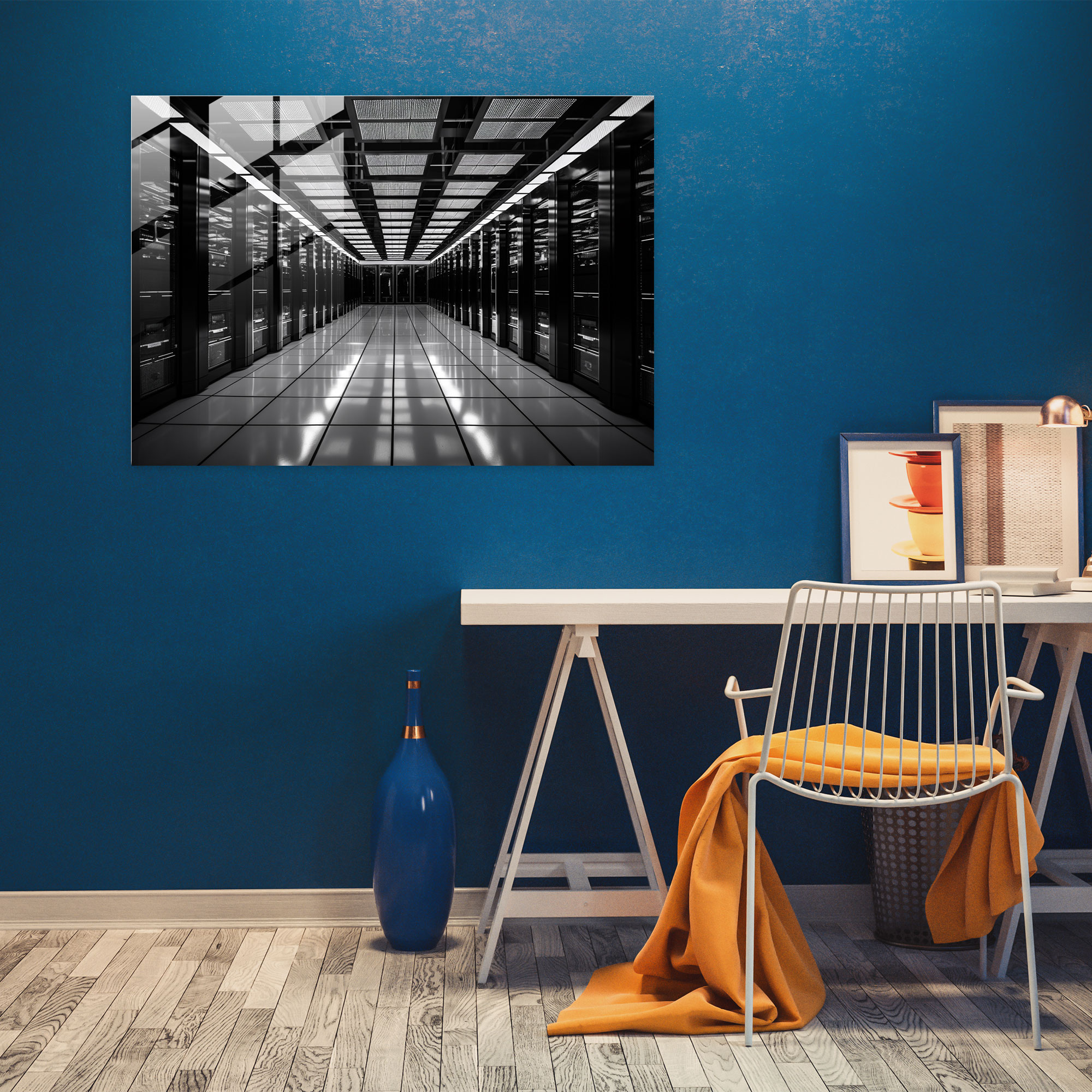 Blockchain Glass Wall Art - Blockchain, Glass Art, Computer Server Room, Black And White Photograph