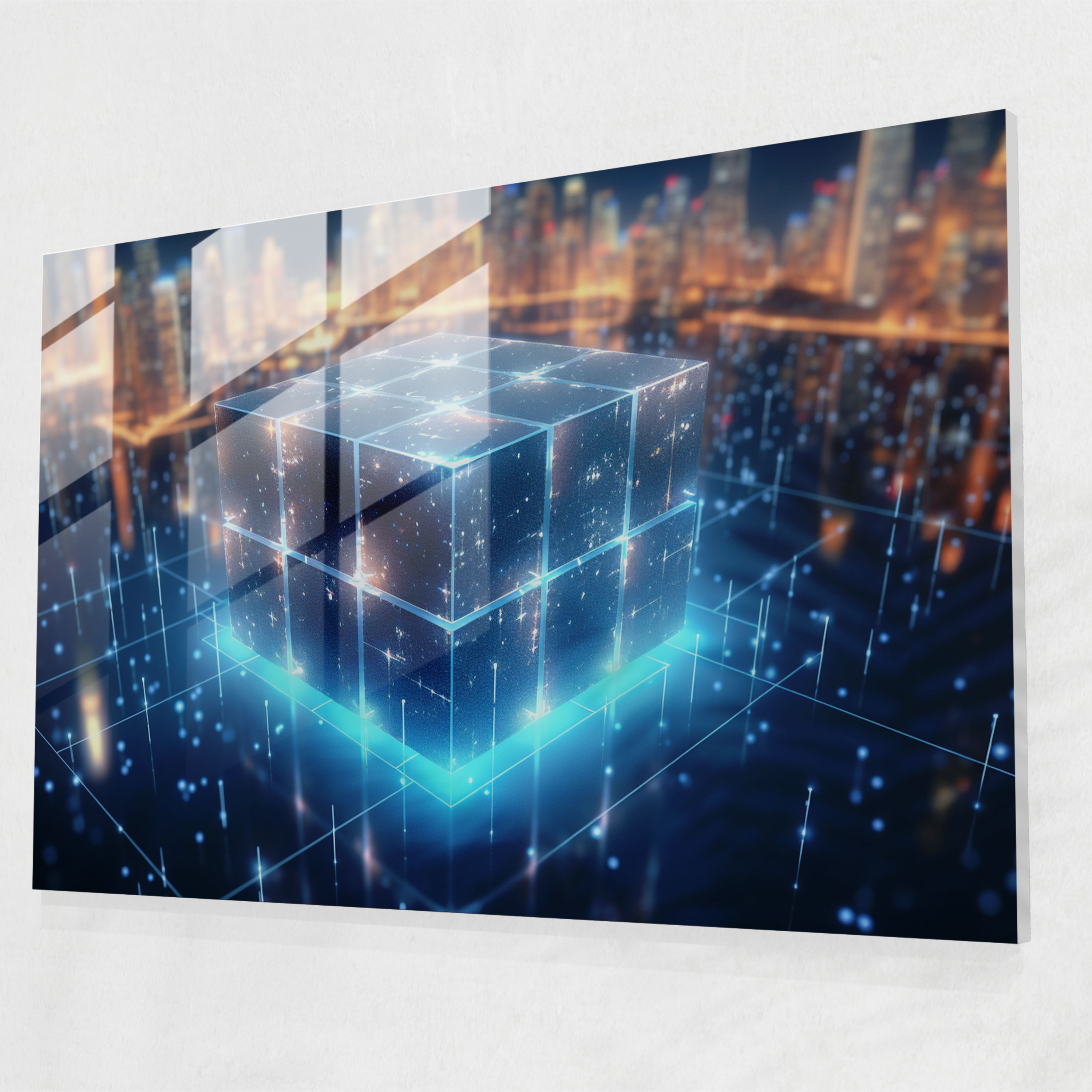 Glowing Blockchain Glass Print - Blockchain, Wall Decoration, Modern Art, Interconnected Nodes