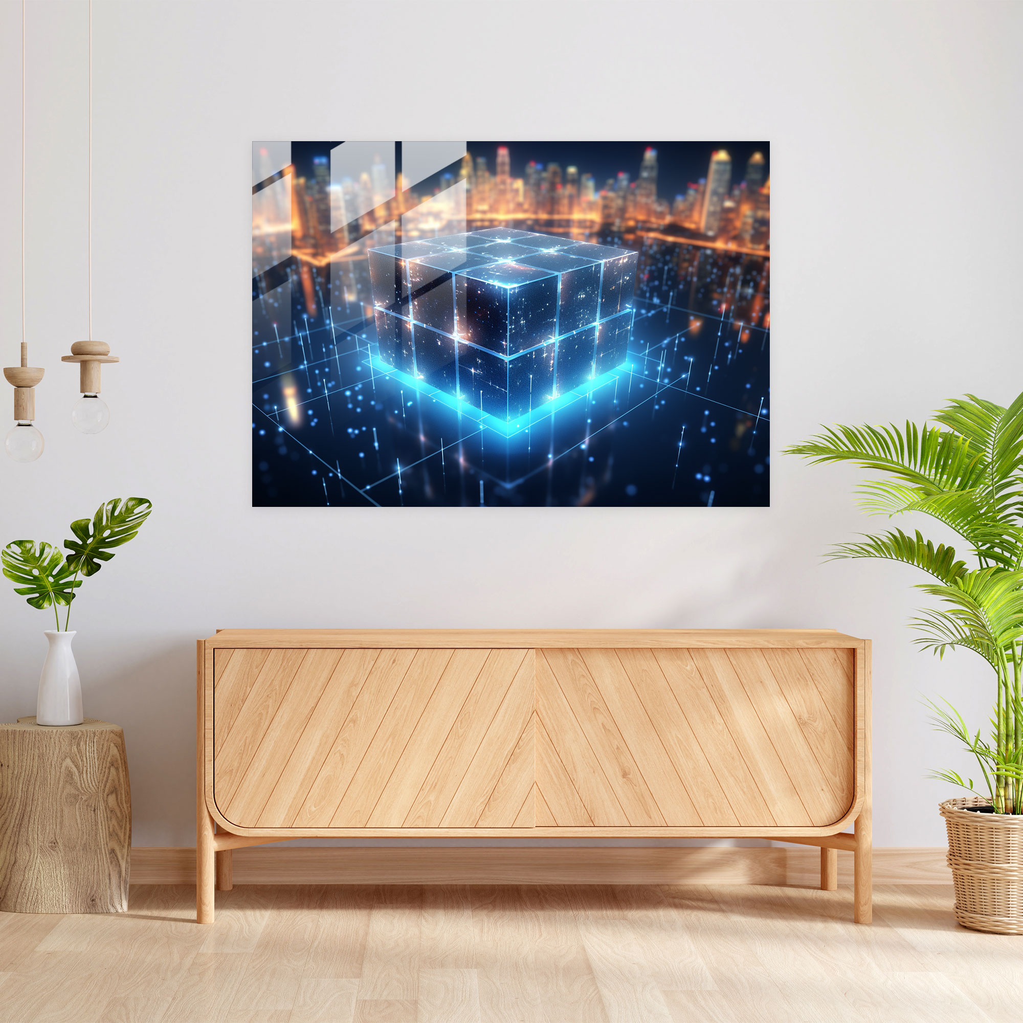 Glowing Blockchain Glass Print - Blockchain, Wall Decoration, Modern Art, Interconnected Nodes