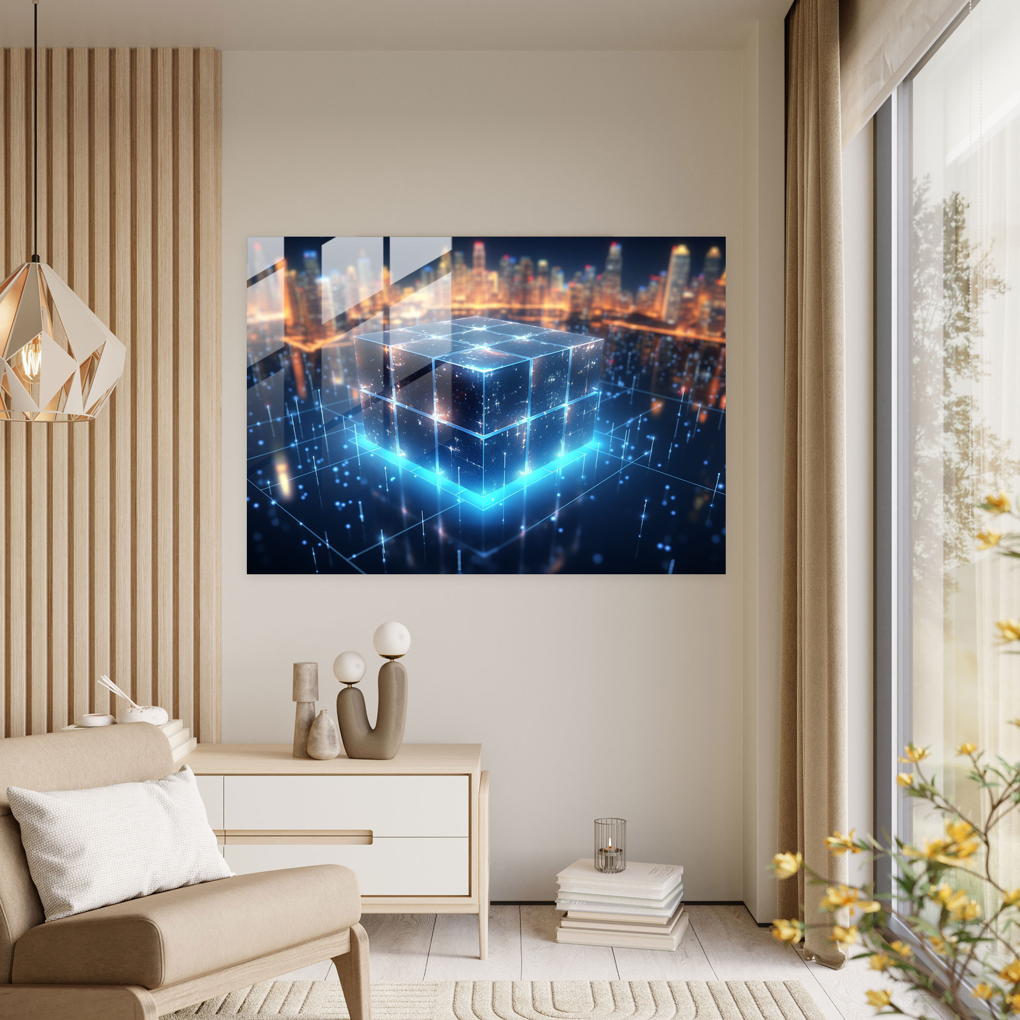 Glowing Blockchain Glass Print - Blockchain, Wall Decoration, Modern Art, Interconnected Nodes