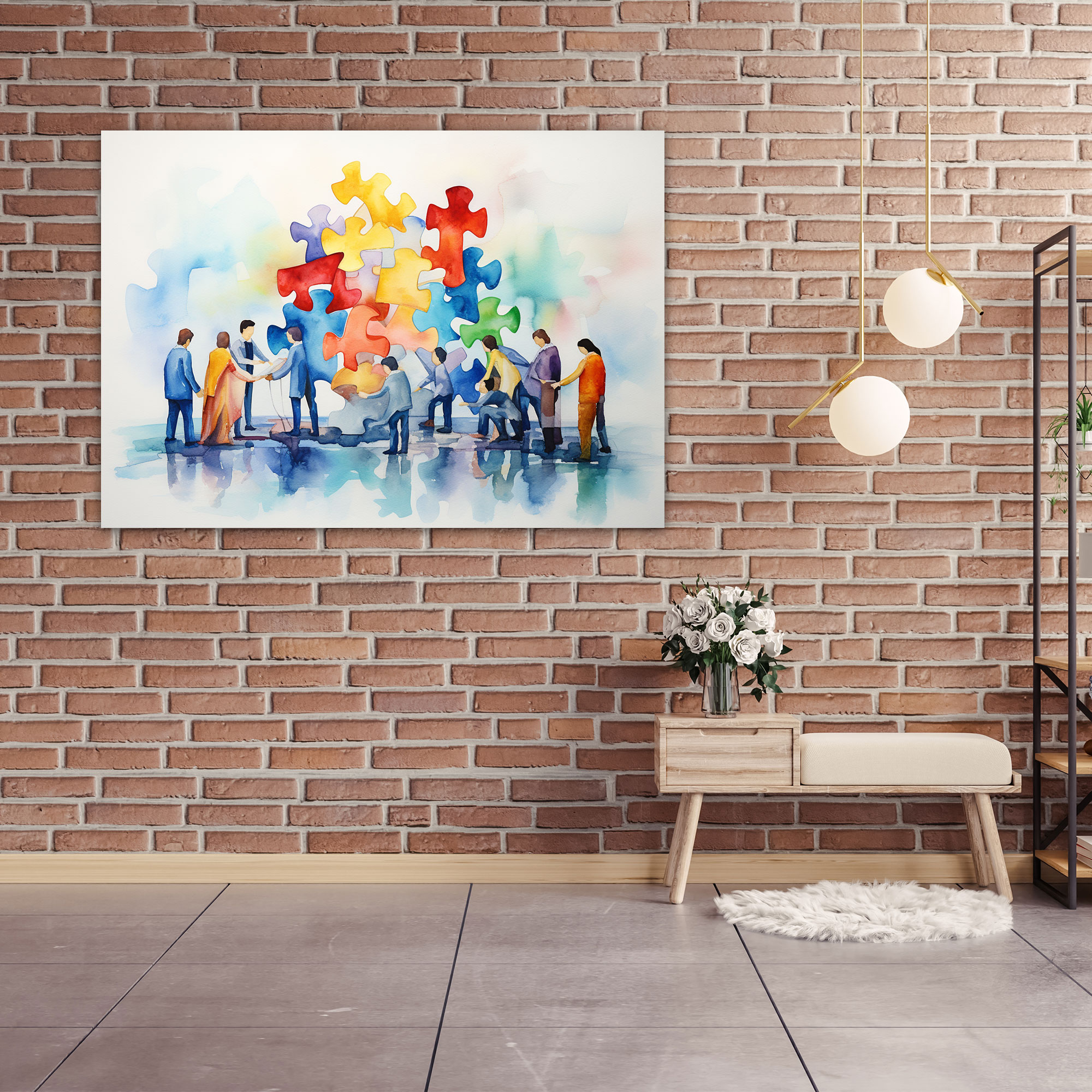 Blockchain Puzzle Canvas Print - Blockchain, Puzzle Pieces, Watercolor Painting, Collaboration