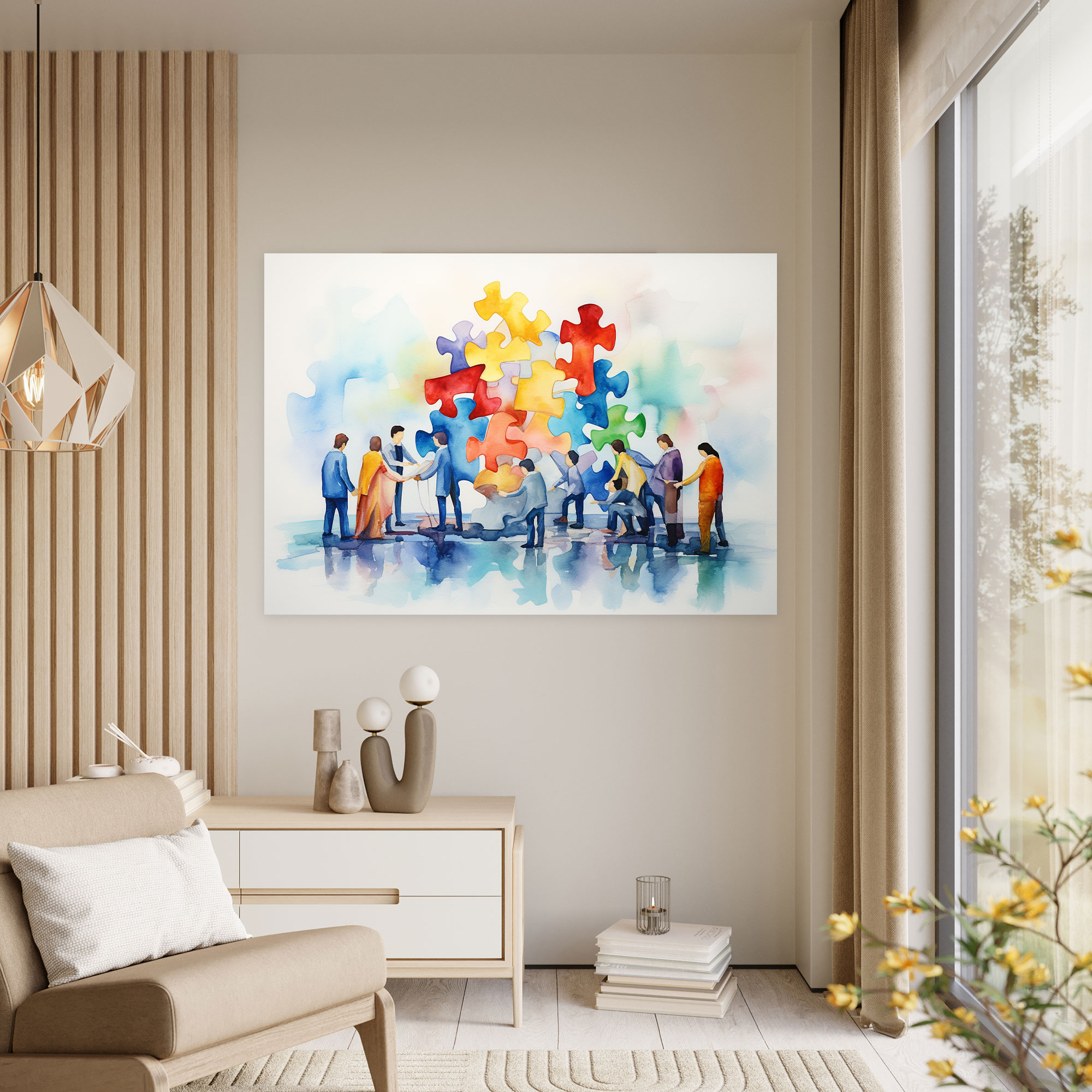 Blockchain Puzzle Canvas Print - Blockchain, Puzzle Pieces, Watercolor Painting, Collaboration