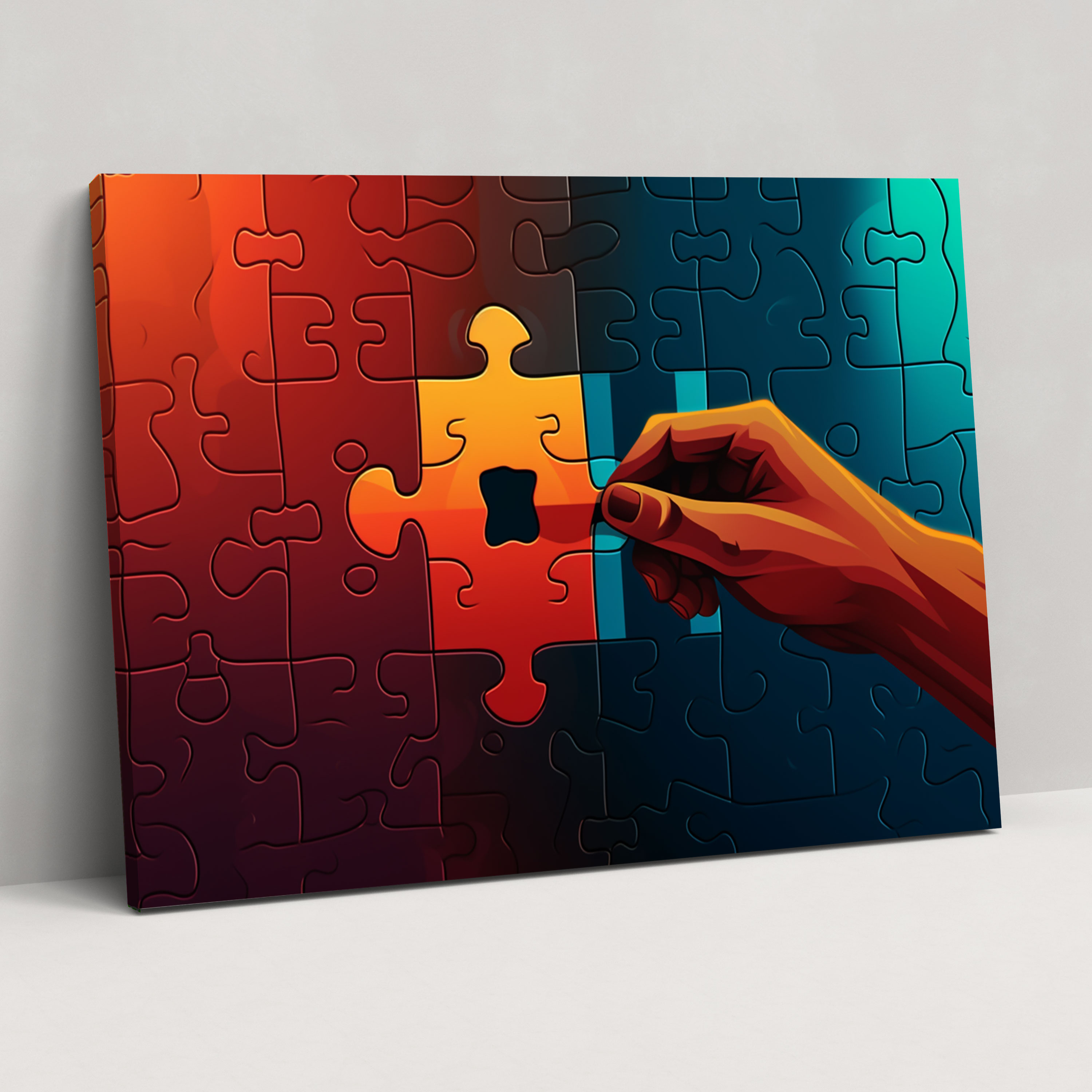 Blockchain Puzzle Hand Canvas Print - Blockchain, Hand Holding, Retro Poster Design, Blockchain