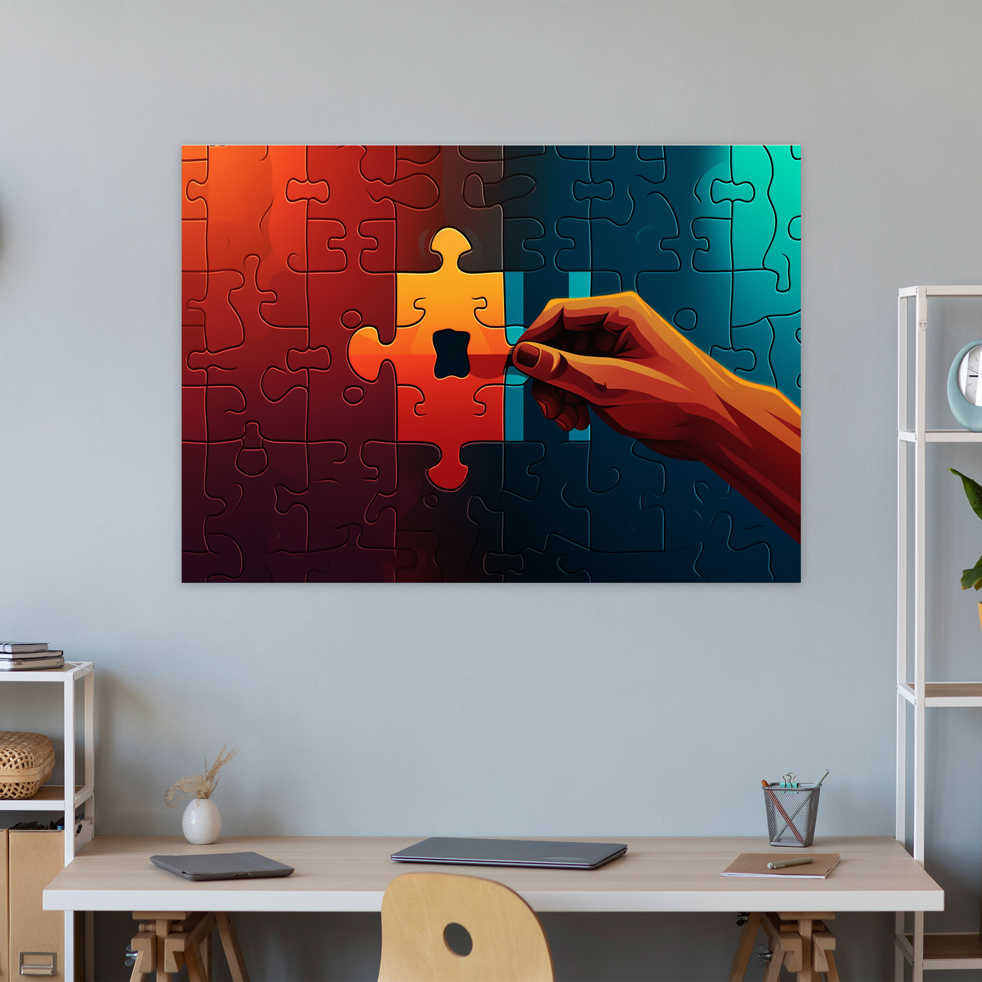 Blockchain Puzzle Hand Canvas Print - Blockchain, Hand Holding, Retro Poster Design, Blockchain