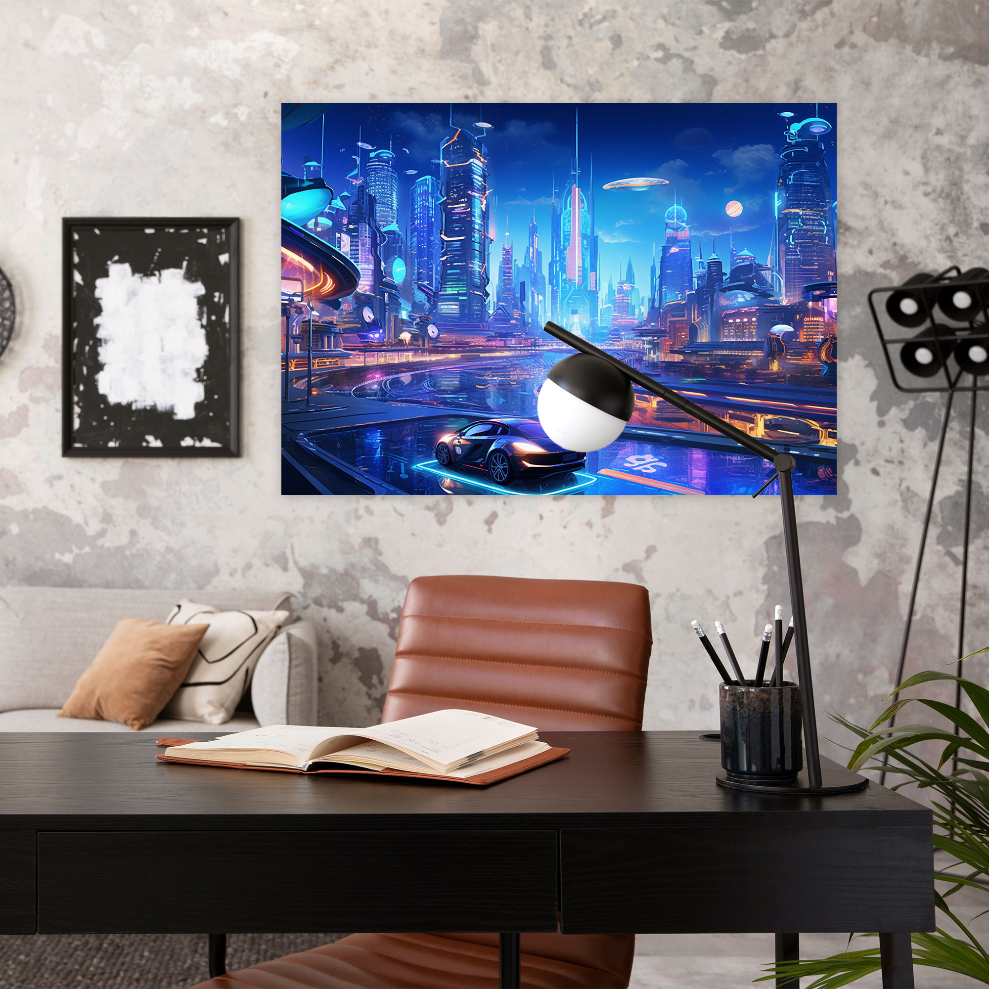 Blockchain Cityscape Wall Art - Blockchain, Neon Lights, Home Decoration, Skyscrapers
