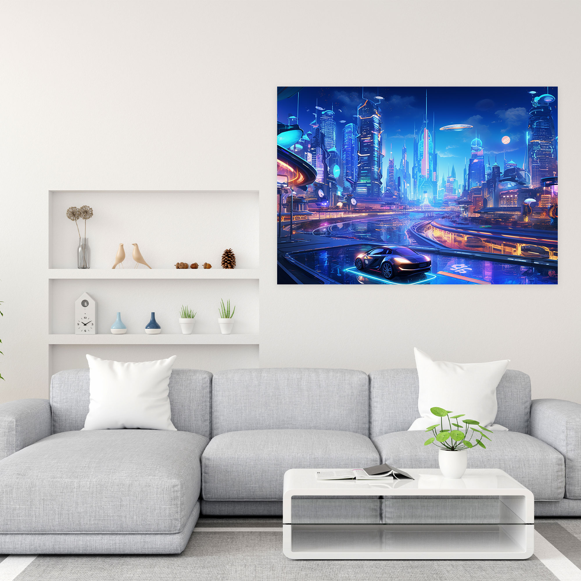 Blockchain Cityscape Wall Art - Blockchain, Neon Lights, Home Decoration, Skyscrapers