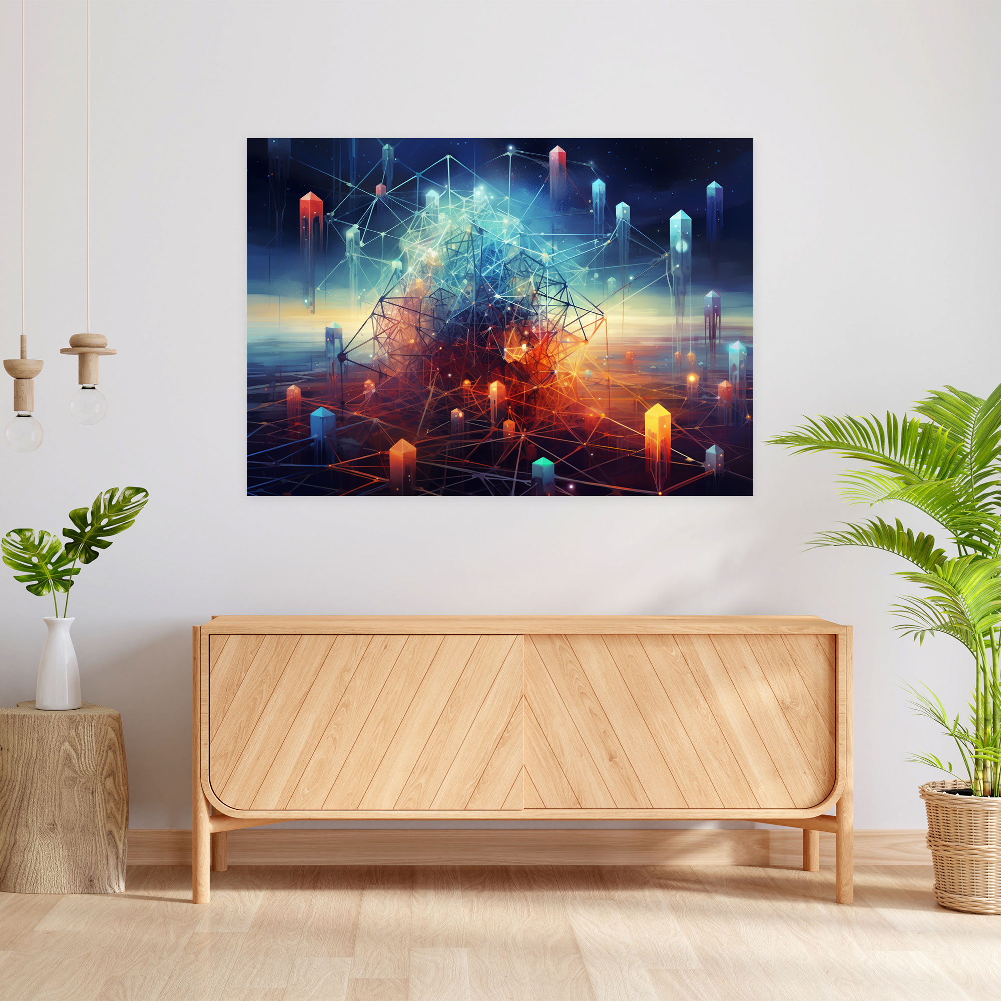 Kozmik Blockchain Kanvas Tablo - Blockchain Bağlantılı Düğümler Tuval Duvar Sanatı Sürreal Dijital Tablo
