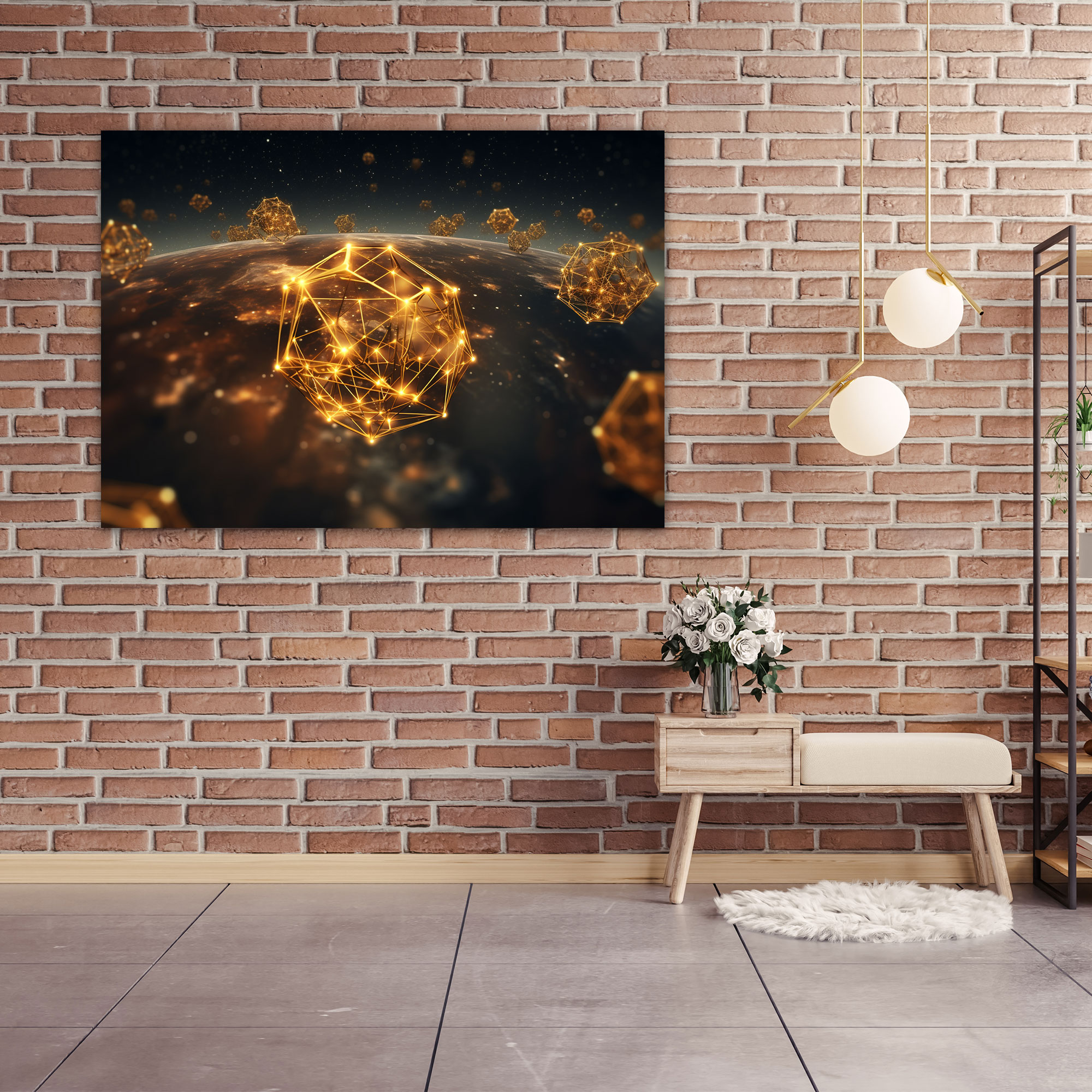 Altın Blockchain Ağı Kanvas Tablo - Blockchain Dijital Sanat Eseri