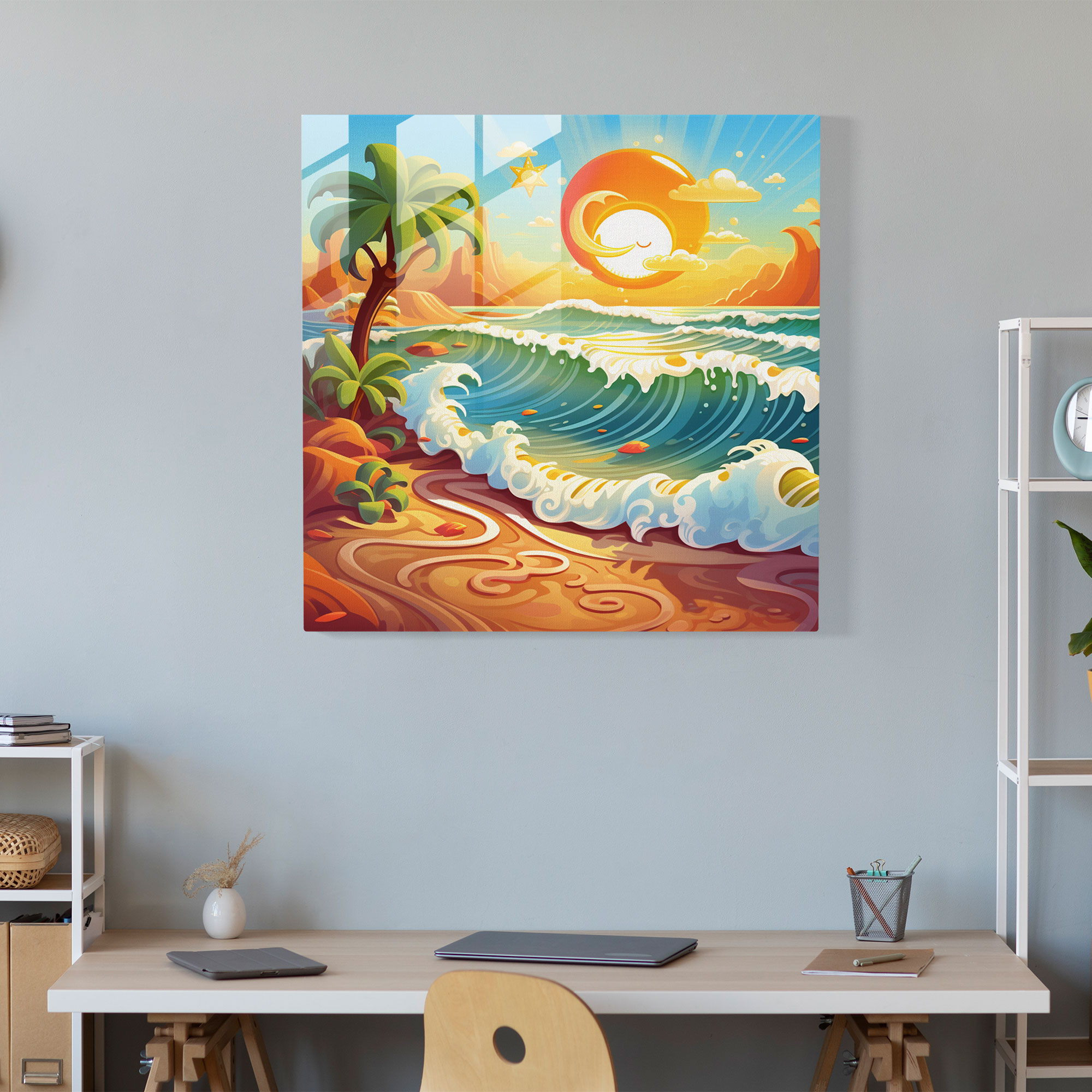Gülen Güneş Cam Tablosu - Plaj Duvar Dekorasyonu Ev Dekorasyonu Modern Sanat