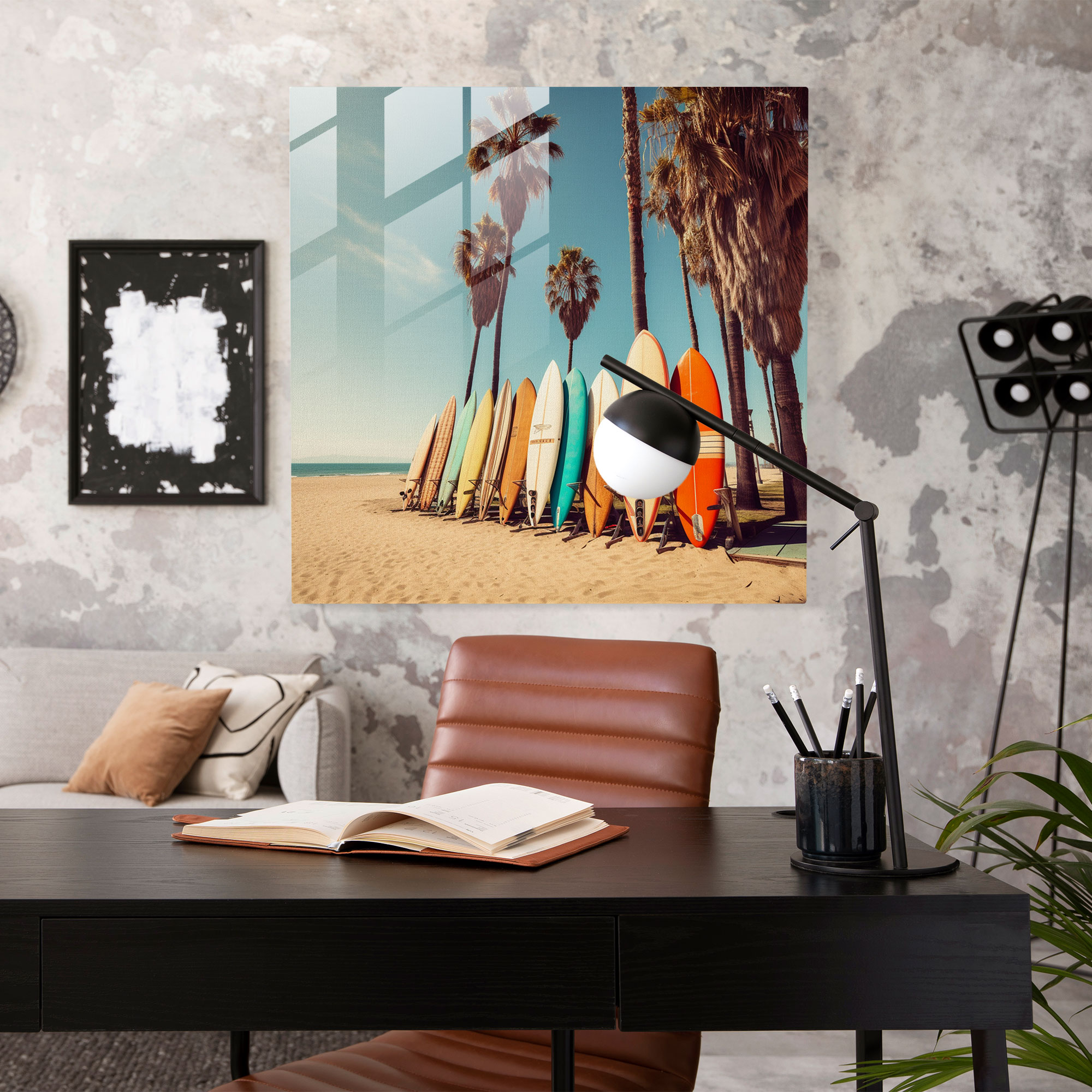 Vintage Sörf Tahtaları Cam Tablo - Plaj Cam Tablo Palmiye Ağaçları Modern Sanat