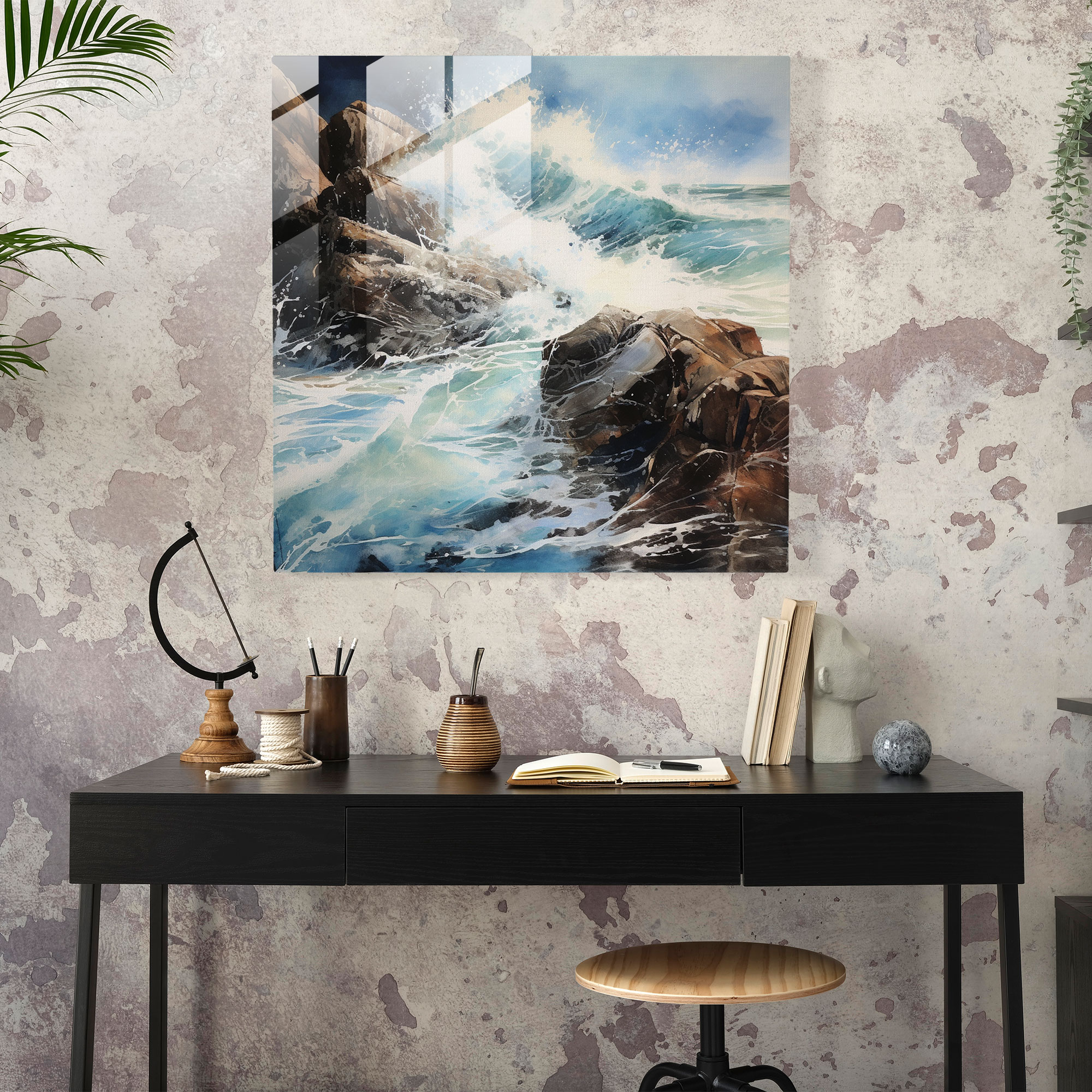 Energetic Waves Glass Print - Beach, Abstract Mixed Media Artwork, Glass Print, Energetic
