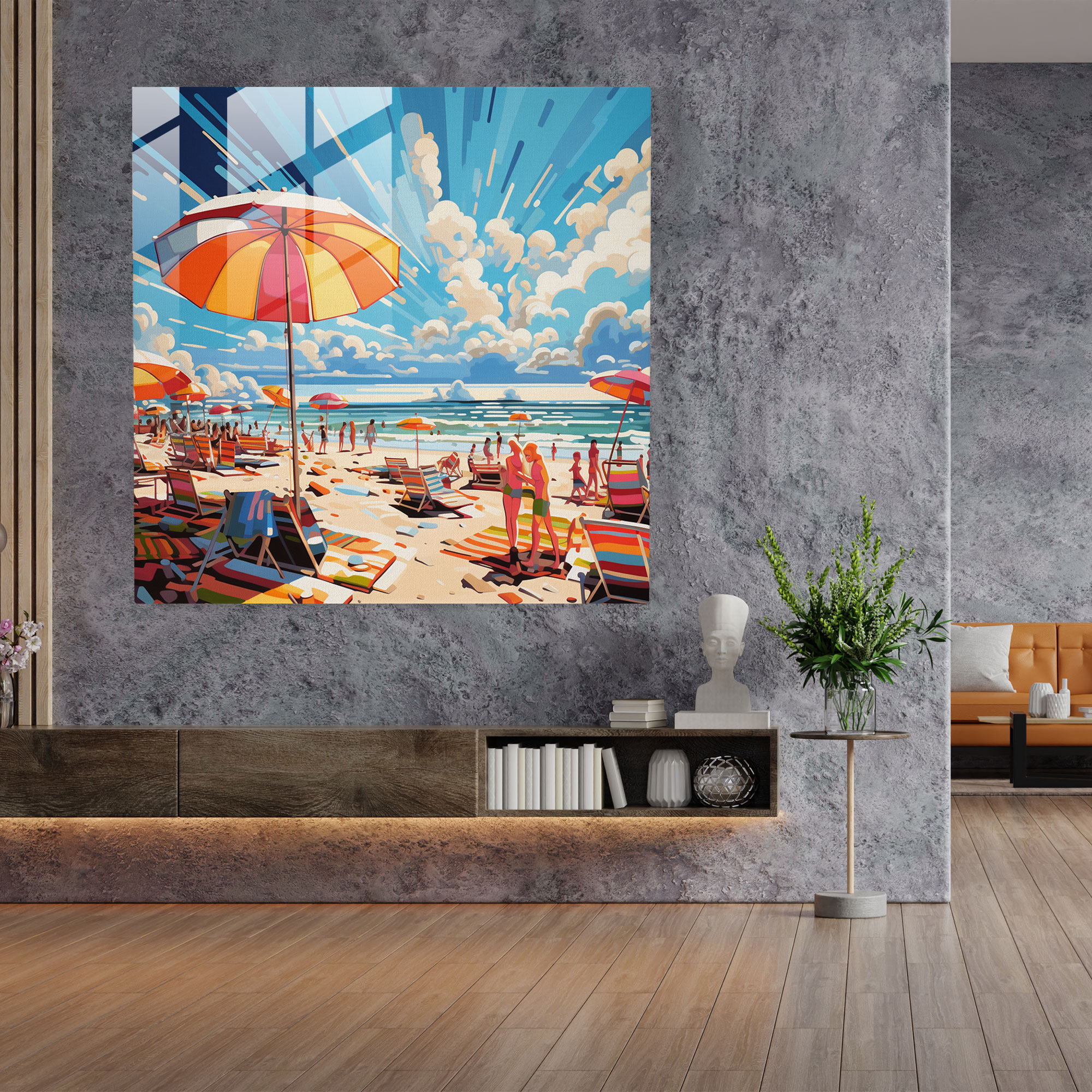 Colorful Beach Umbrellas Glass Print - Beach, Modern Art, Home Decoration, Glass Print