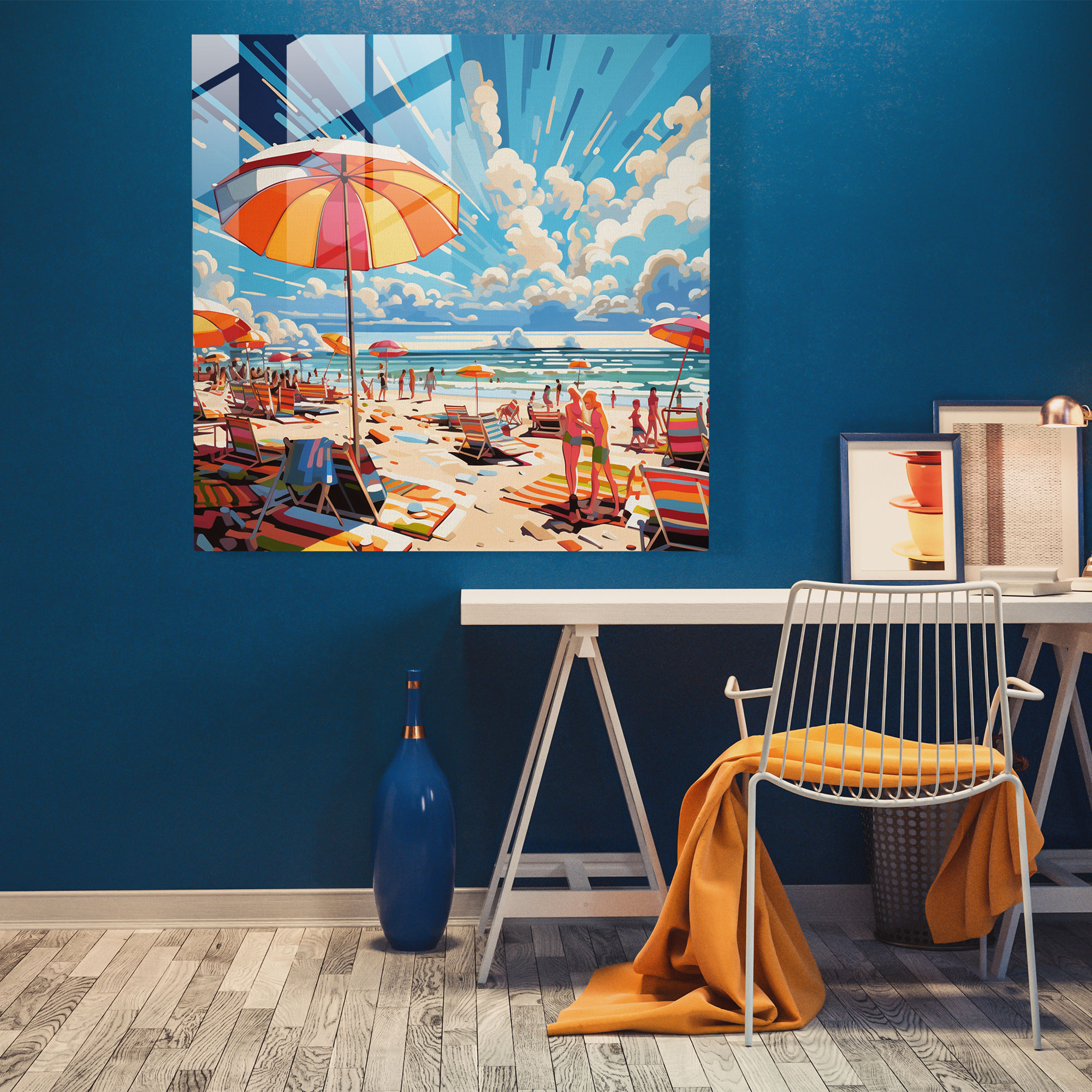 Colorful Beach Umbrellas Glass Print - Beach, Modern Art, Home Decoration, Glass Print