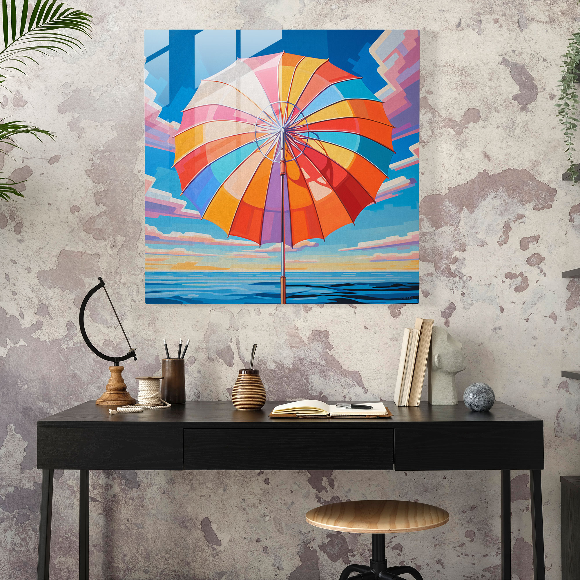 Colorful Sunshade Glass Print - Beach, Painting, Glass Wall Art, Pop Art
