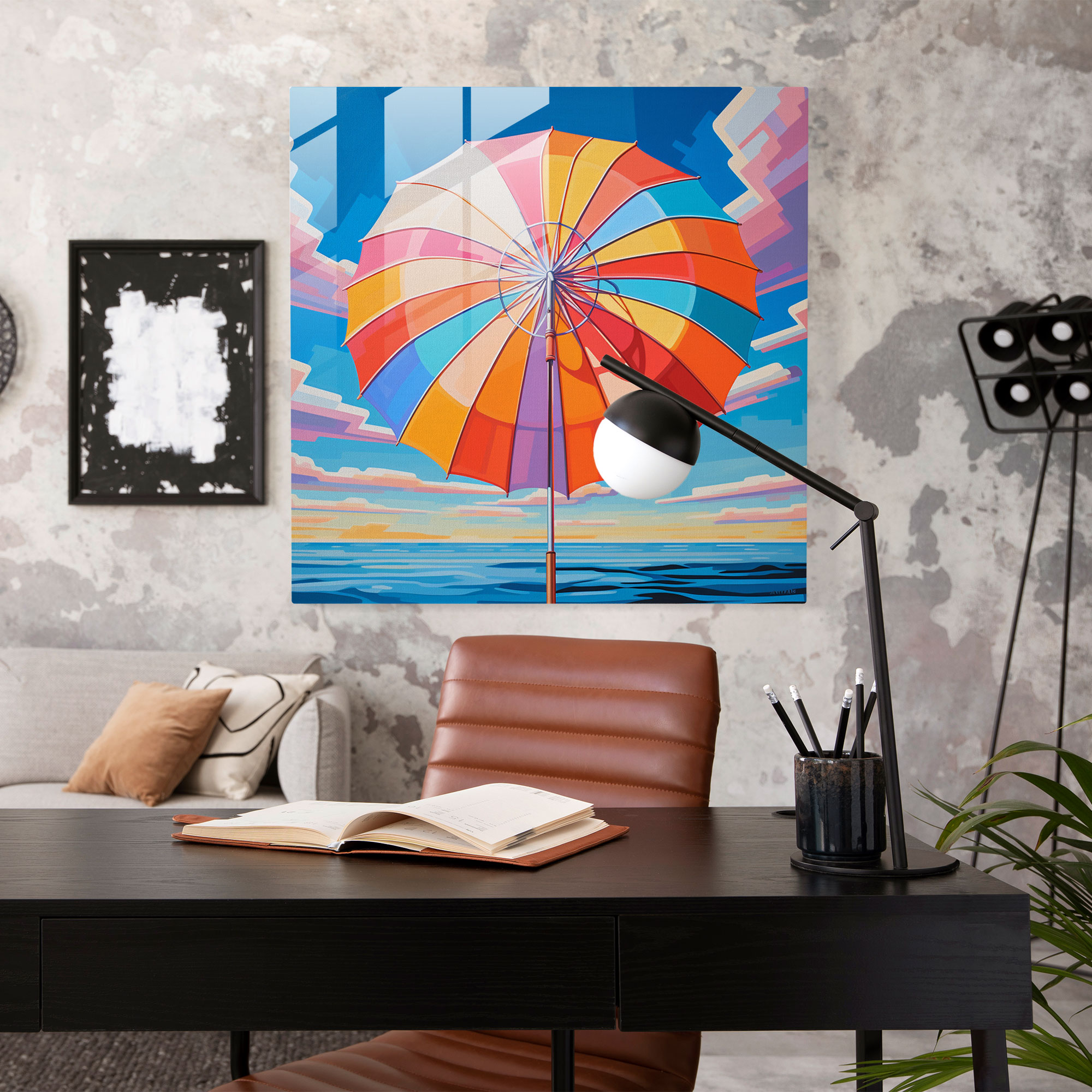 Colorful Sunshade Glass Print - Beach, Painting, Glass Wall Art, Pop Art