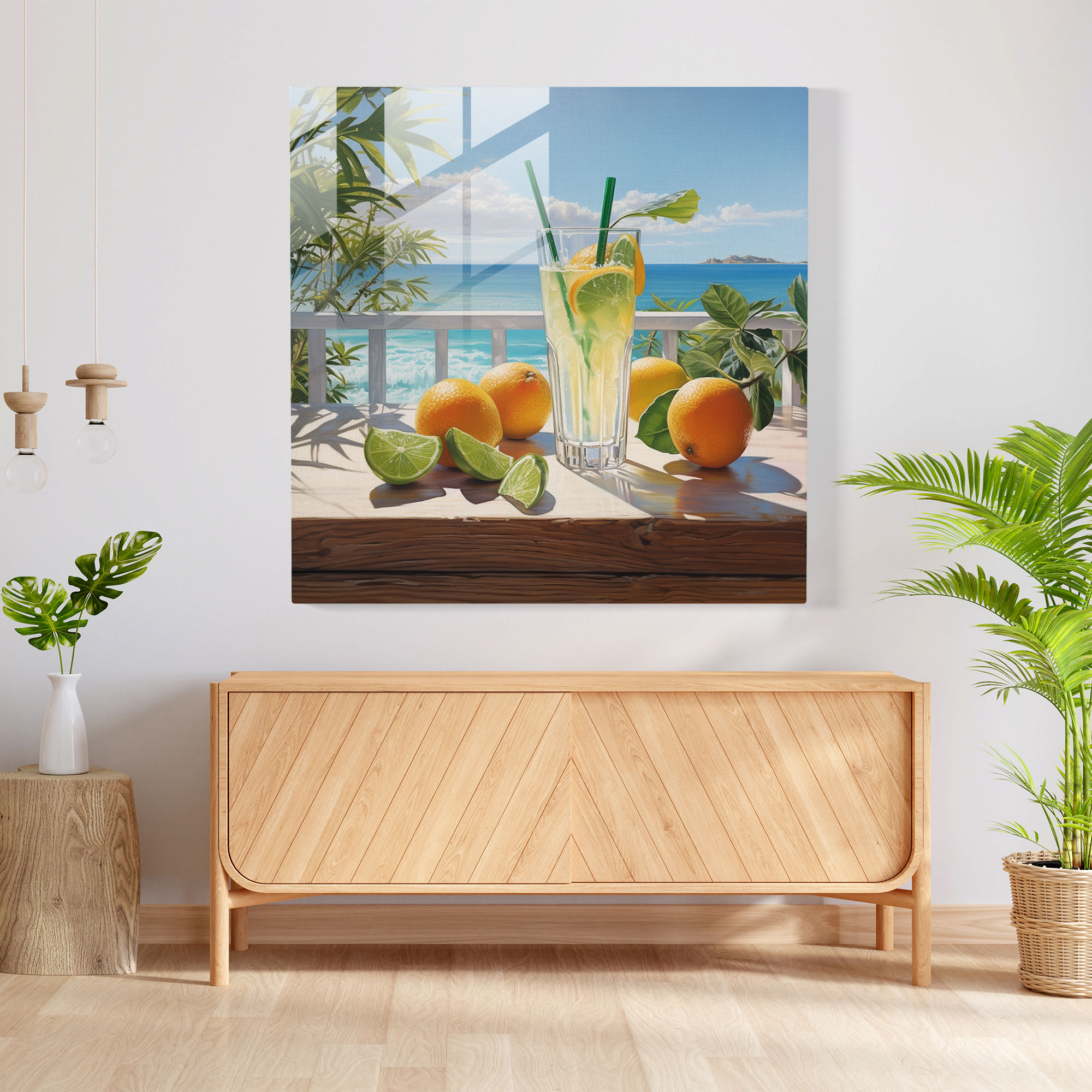Tropikal Keyif Cam Tablo - Plaj Hala Hayat Resim Modern Sanat Duvar Dekorasyonu