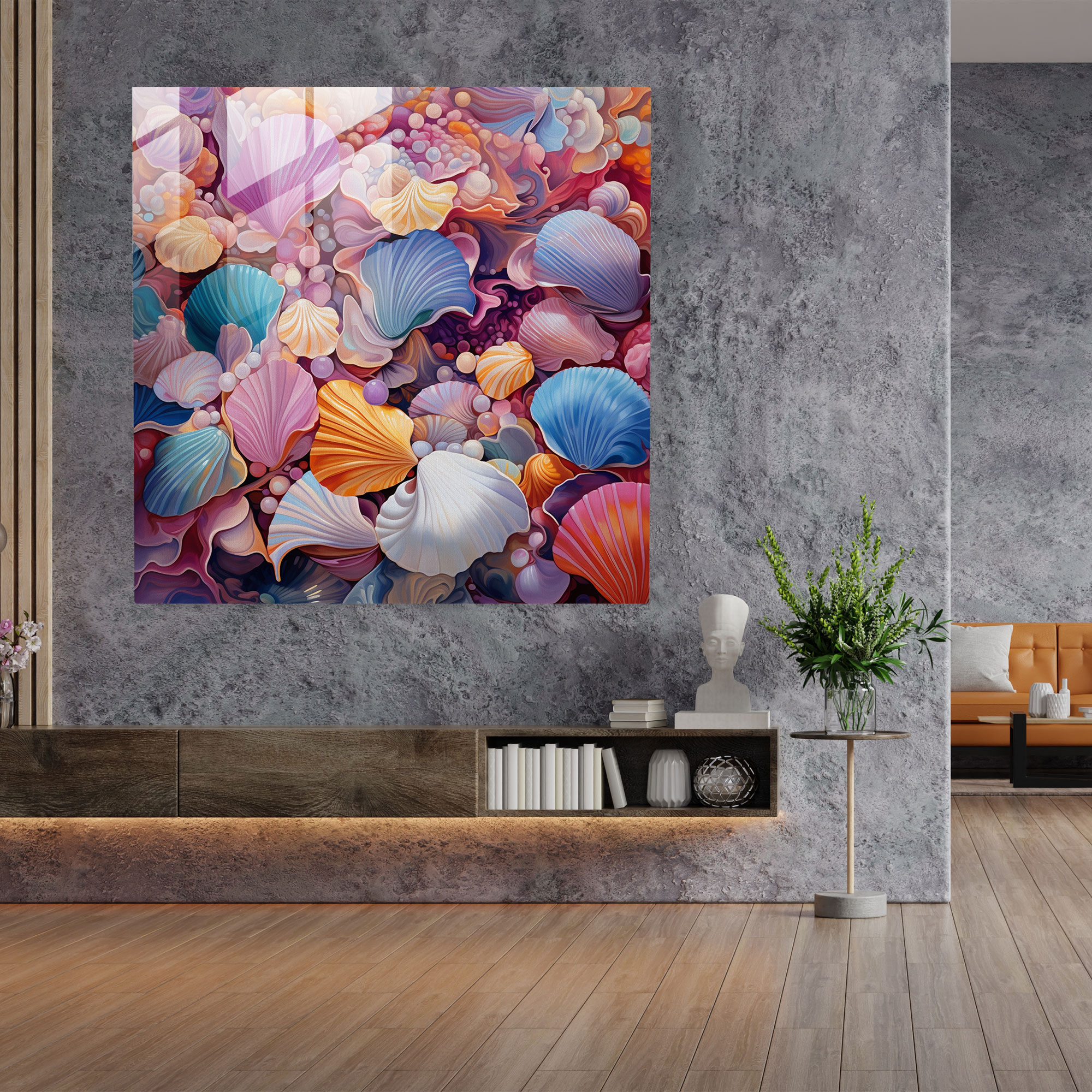 Deniz Kabuğu Füzyon Cam Tablo - Plaj Modern Sanat Soyut Desenler