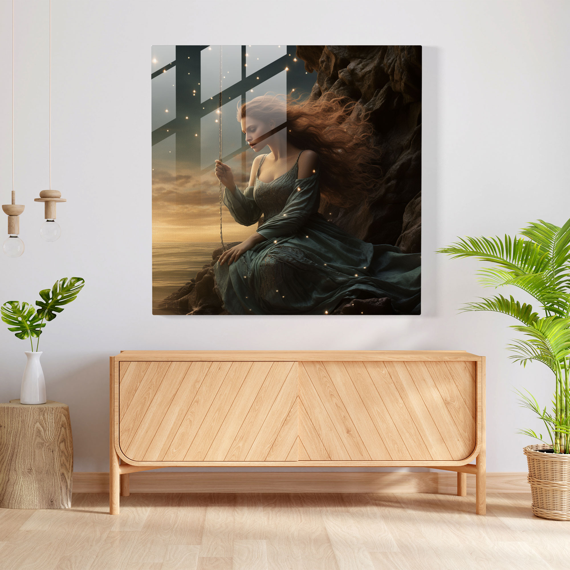 Büyüleyici Denizkızı Cam Tablosu - Sahil Gerçeküstü Dijital Sanat Cam Duvar Sanatı Cam Tablo