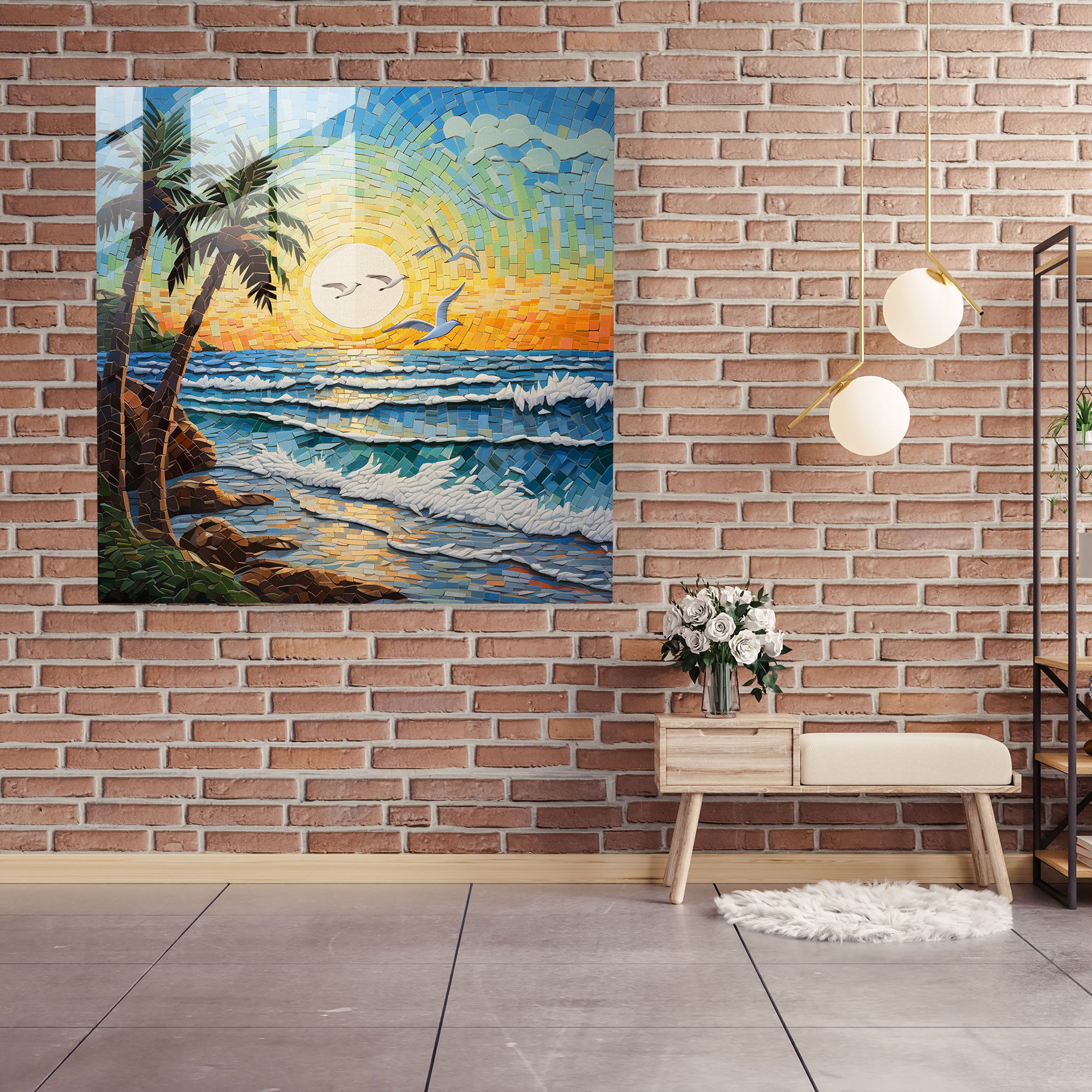 Coastal Mosaic Glass Print - Beach, Seagulls, Beach, Home Decoration