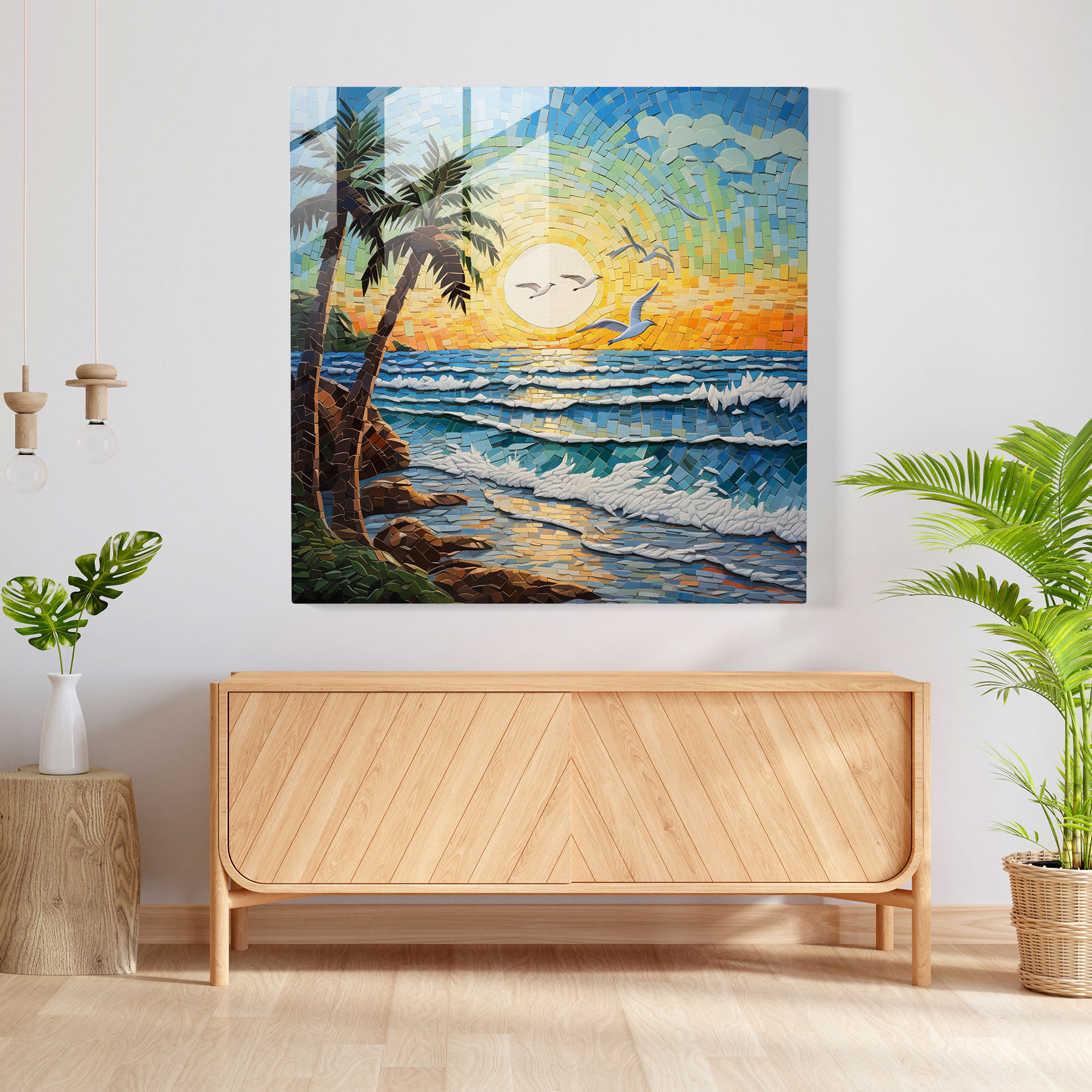 Coastal Mosaic Glass Print - Beach, Seagulls, Beach, Home Decoration