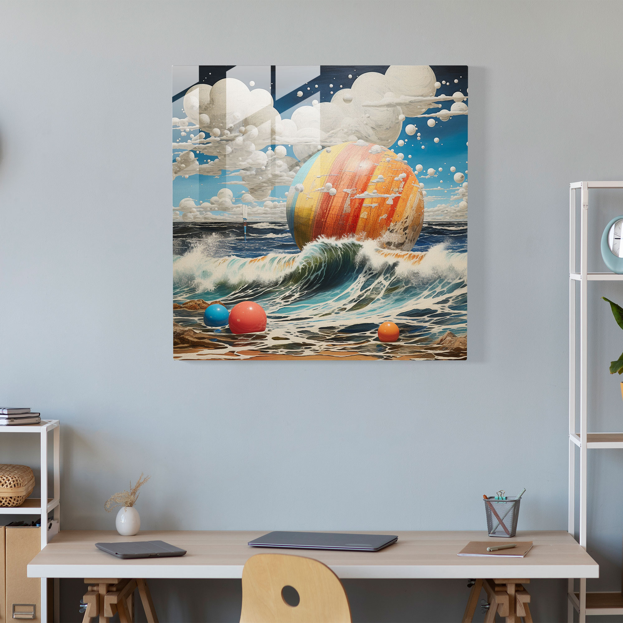 Dreamy Beachscape Glass Print - Beach, Ocean Waves, Glass Wall Art, Surrealistic Mixed Media Artwork