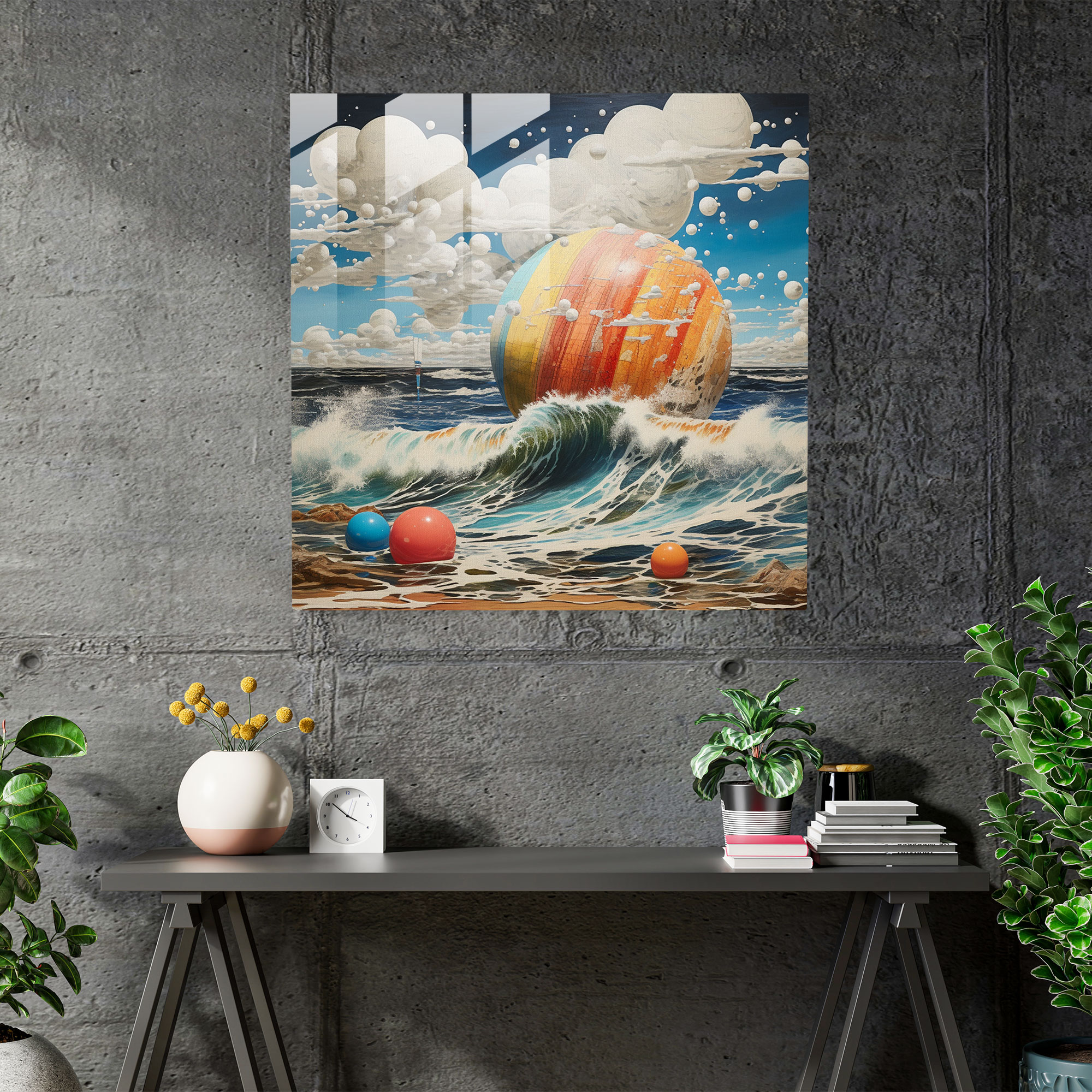 Dreamy Beachscape Glass Print - Beach, Ocean Waves, Glass Wall Art, Surrealistic Mixed Media Artwork