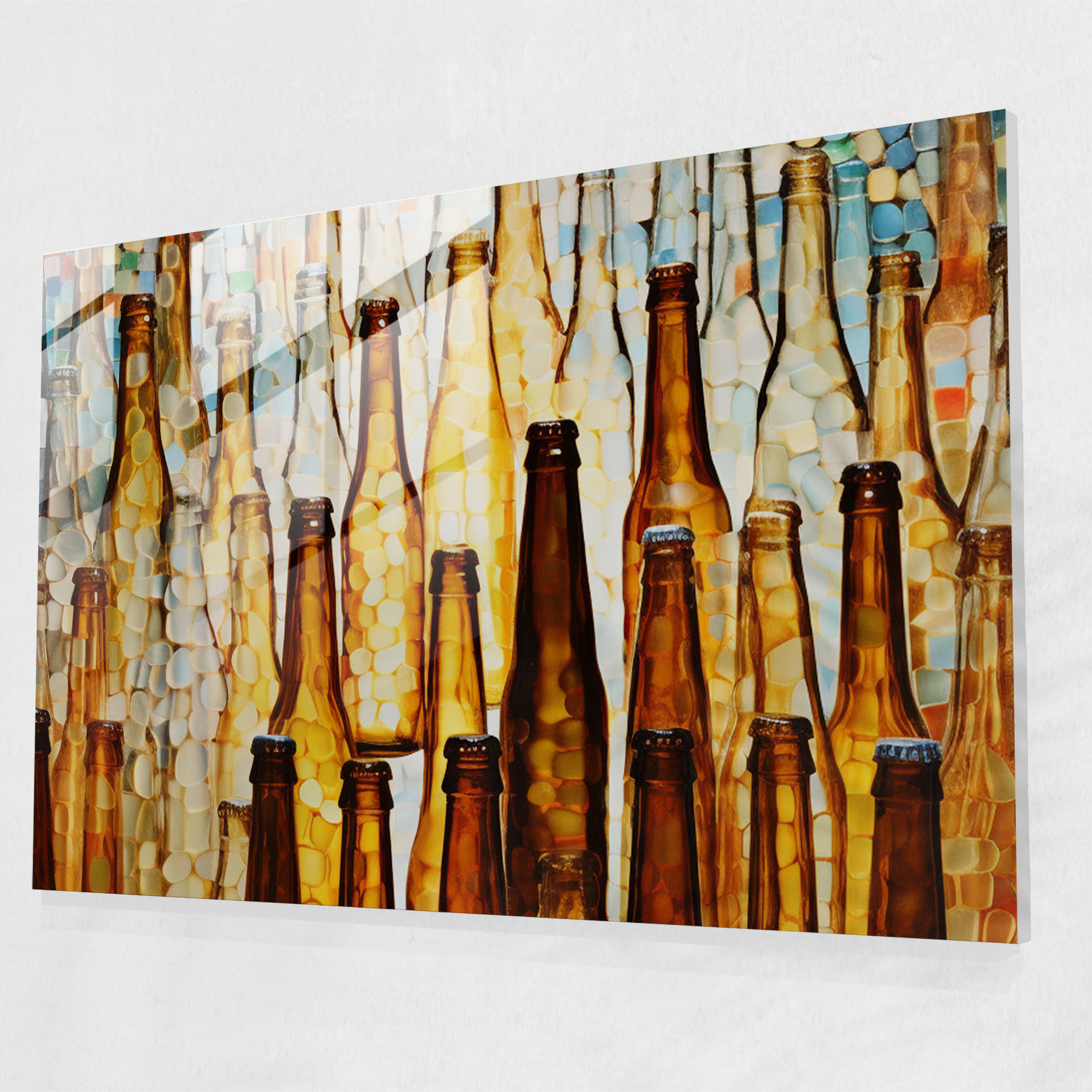Beer Bottles Mosaic Glass Print - Beer, Glass Wall Art, Abstract Mosaic Artwork, Glass Art