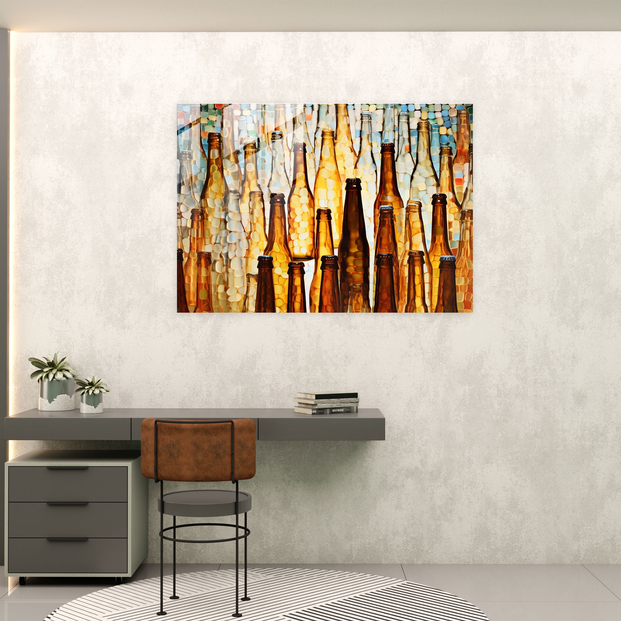 Beer Bottles Mosaic Glass Print - Beer, Glass Wall Art, Abstract Mosaic Artwork, Glass Art