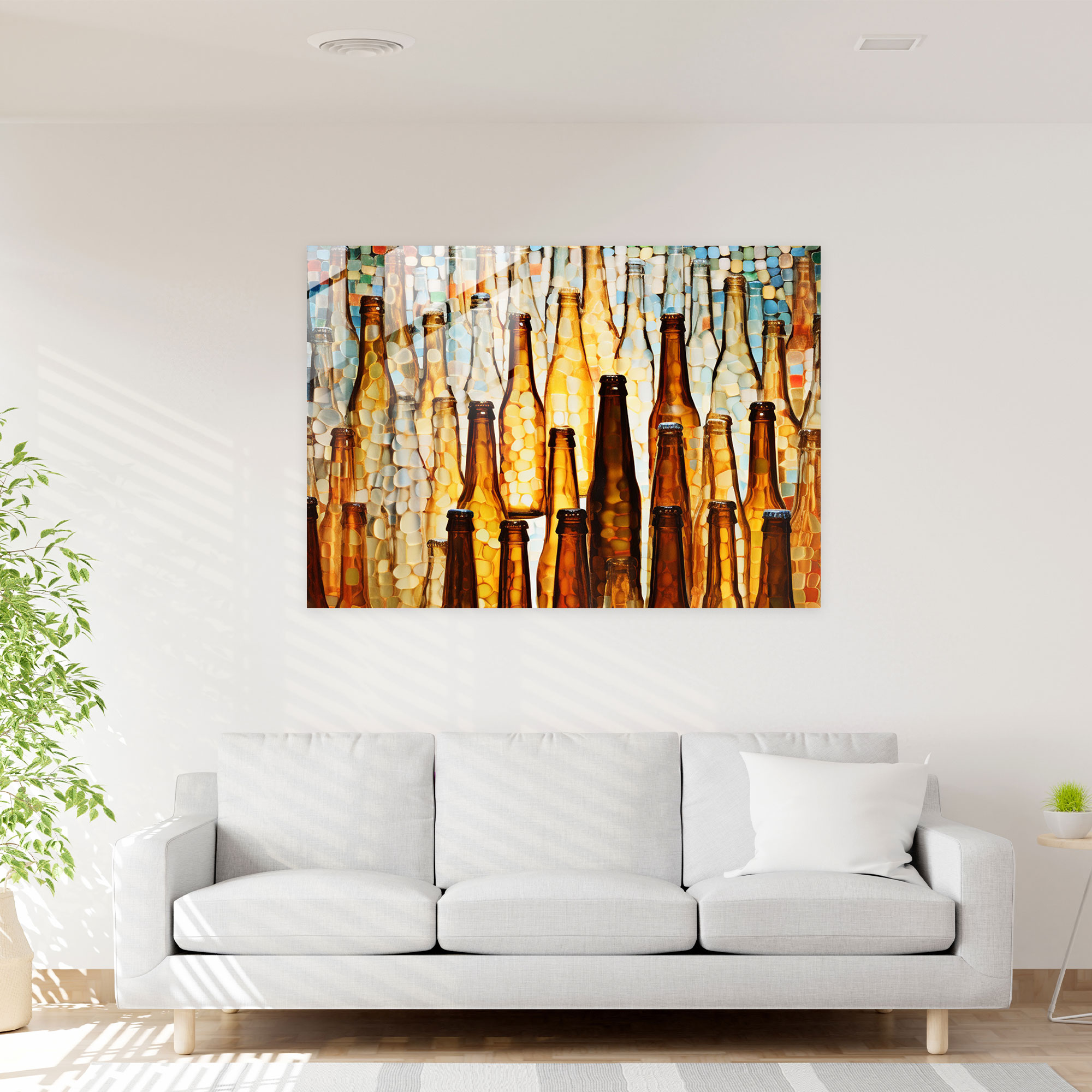 Beer Bottles Mosaic Glass Print - Beer, Glass Wall Art, Abstract Mosaic Artwork, Glass Art