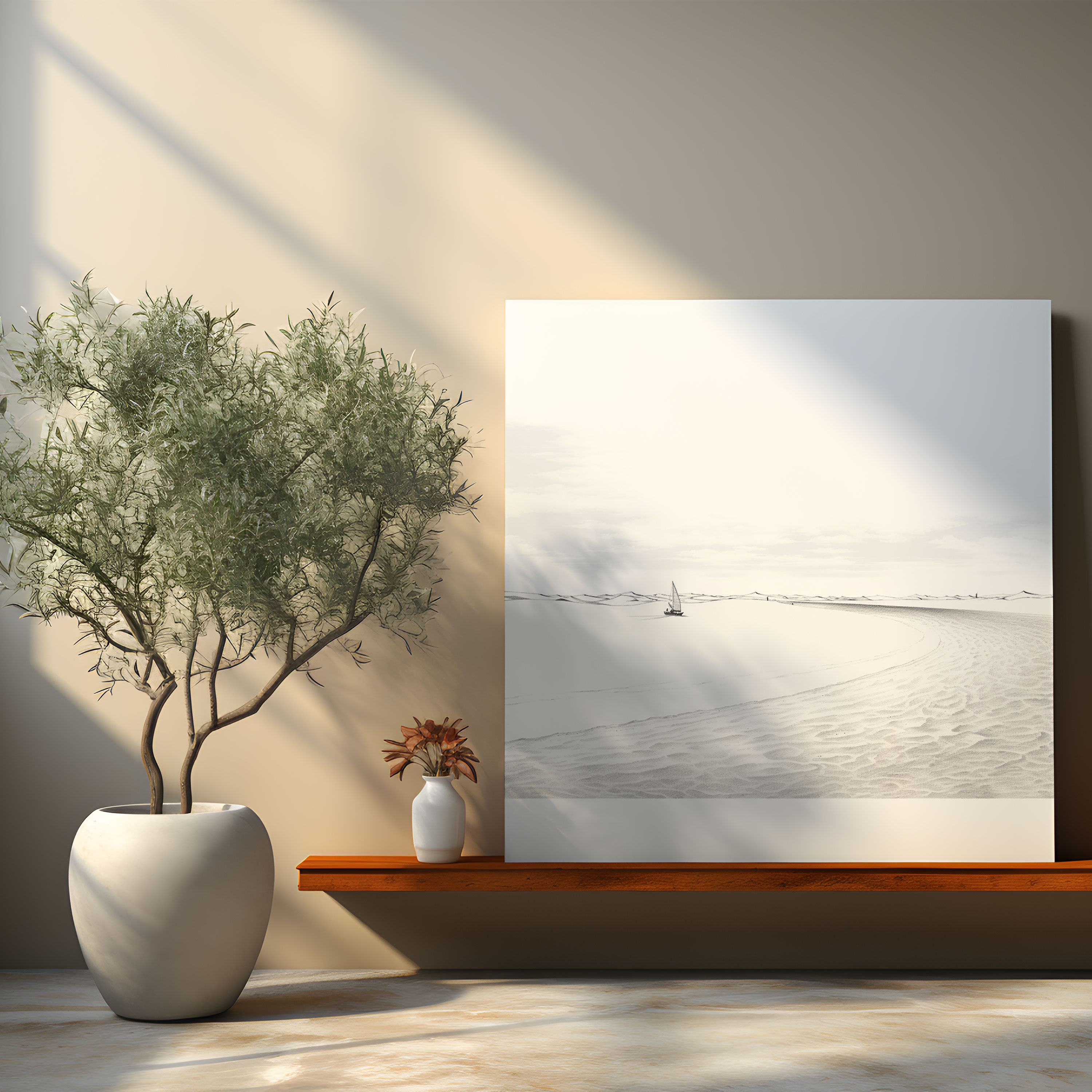 Panoramik Plaj Duvar Sanatı - Plaj Ev Dekorasyonu Kanvas Tablo Sanatı Minimalist Çizgi Çizimi